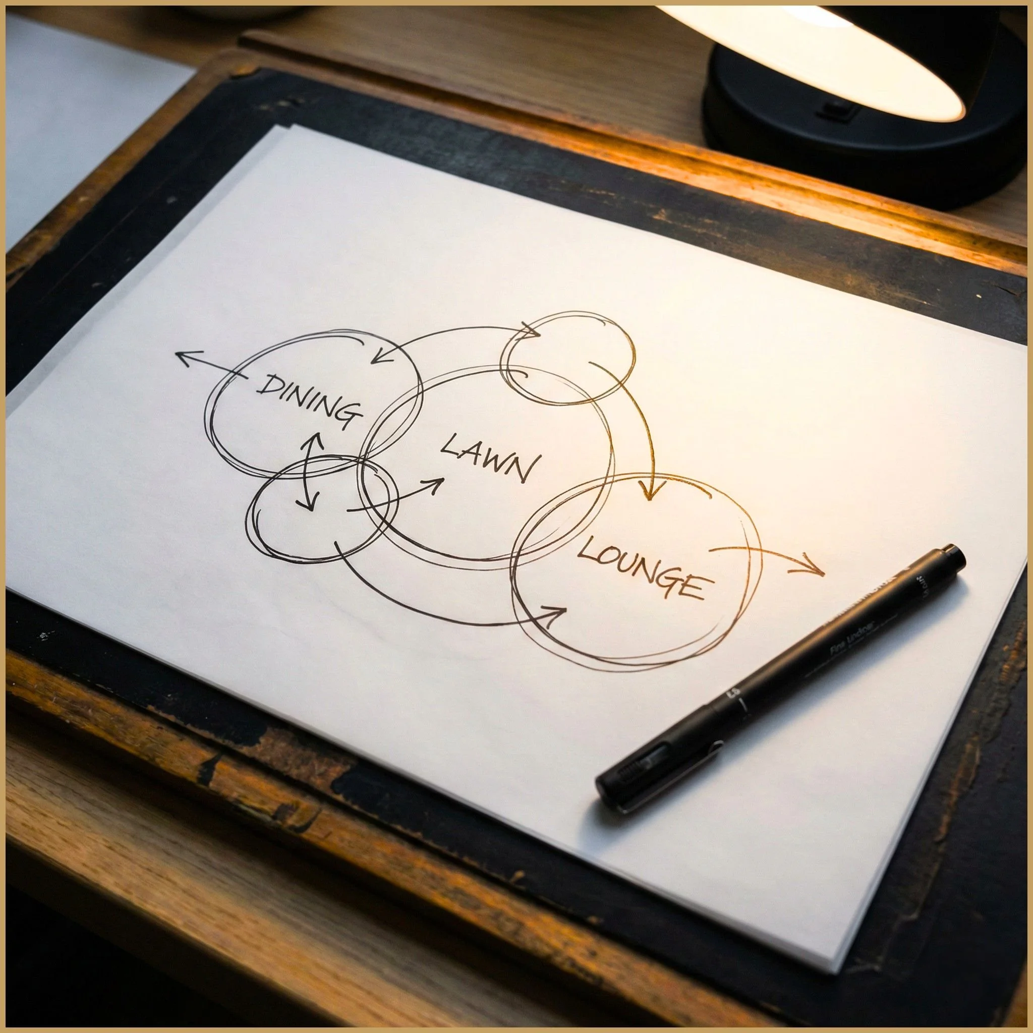 Architectural garden zoning sketch showing functional layout and spatial planning.
