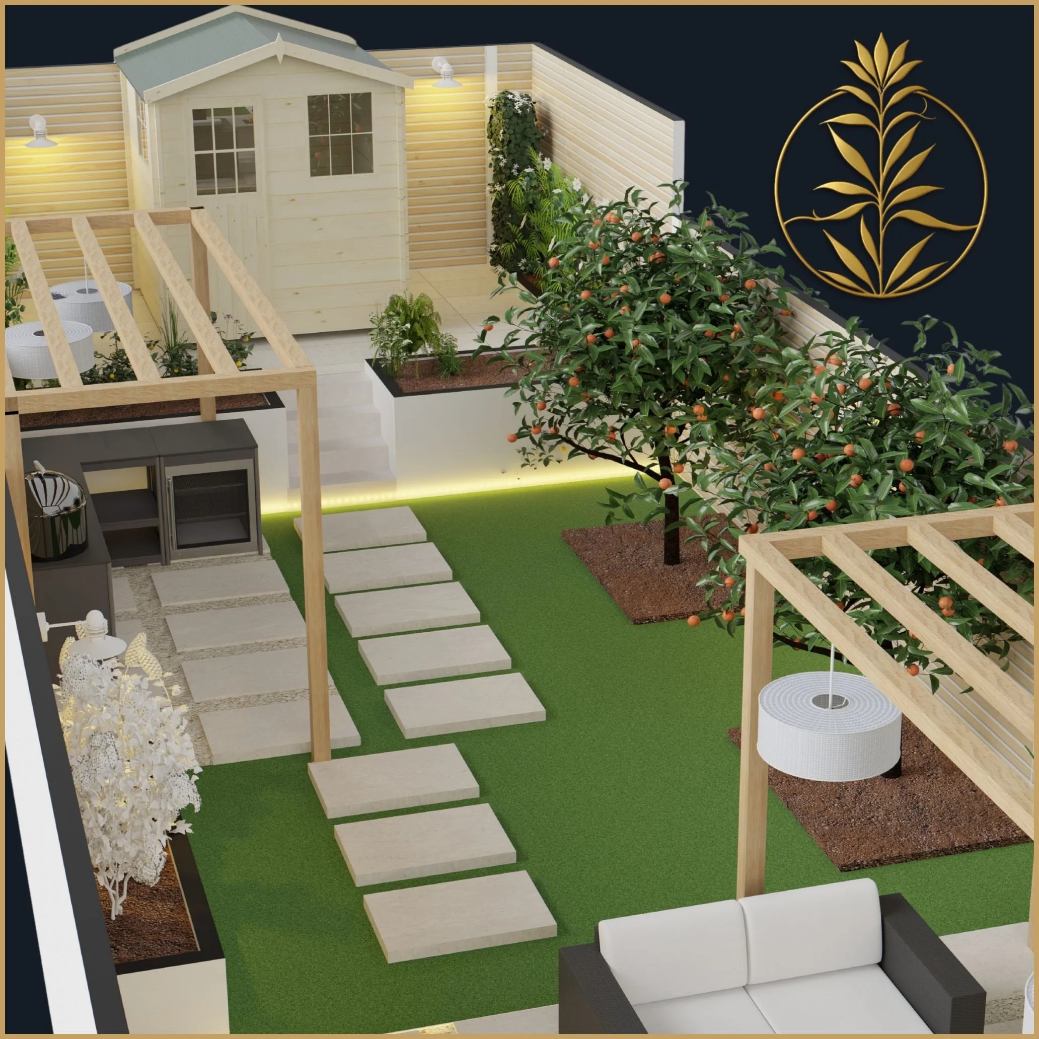 High-resolution garden design visual of the 3D Render Bolt-On | Cinematic Garden Visualisation by The Moonlight Garden Design Co. for a nocturnal sanctuary in South London and UK Nationwide.