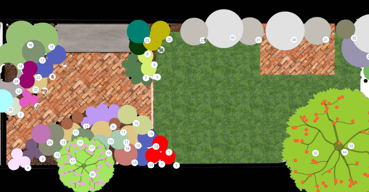 Detailed material plans showcasing brick textures, lawn areas, and planting zones for a cohesive garden design.