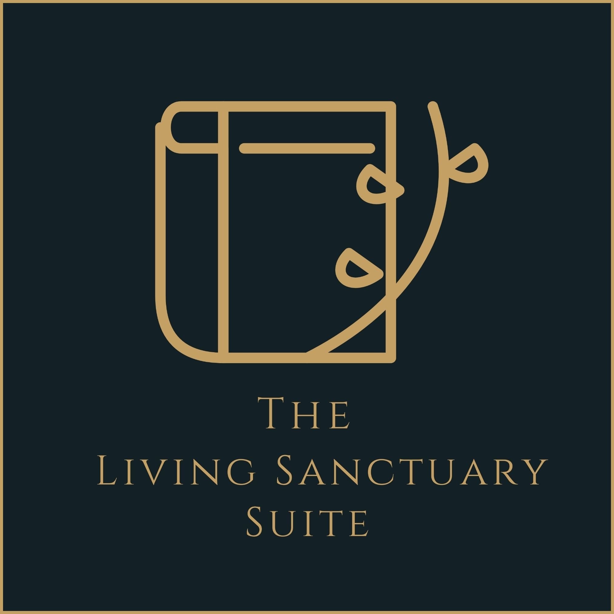 Minimalist botanical logo for The Living Sanctuary Suite, merging architectural logic (the book) with verified botanical intelligence (the vines) by Moonlight Studio.
