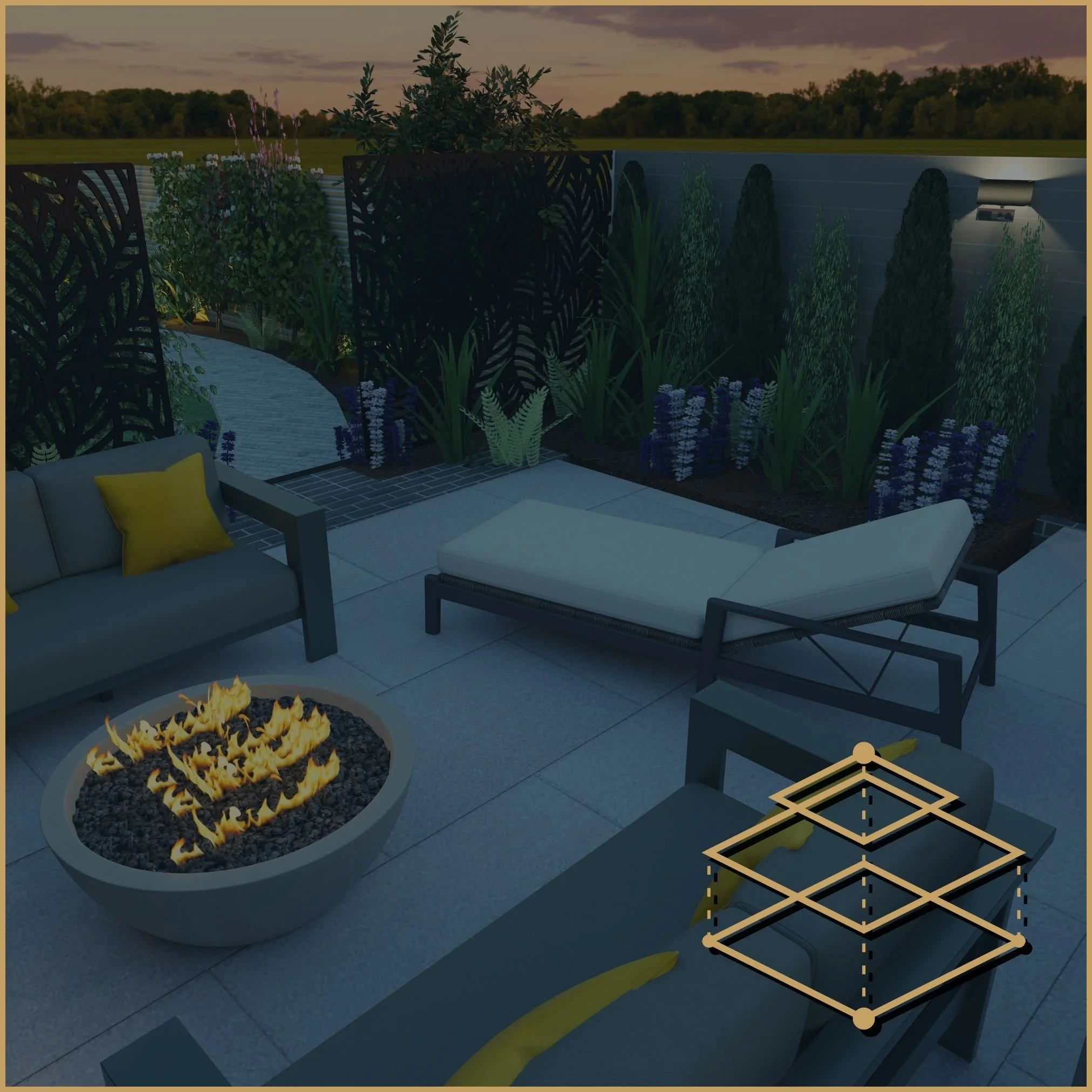 Cinematic 4K 3D garden design visuals, showcasing modern outdoor living with immersive digital twin rendering.