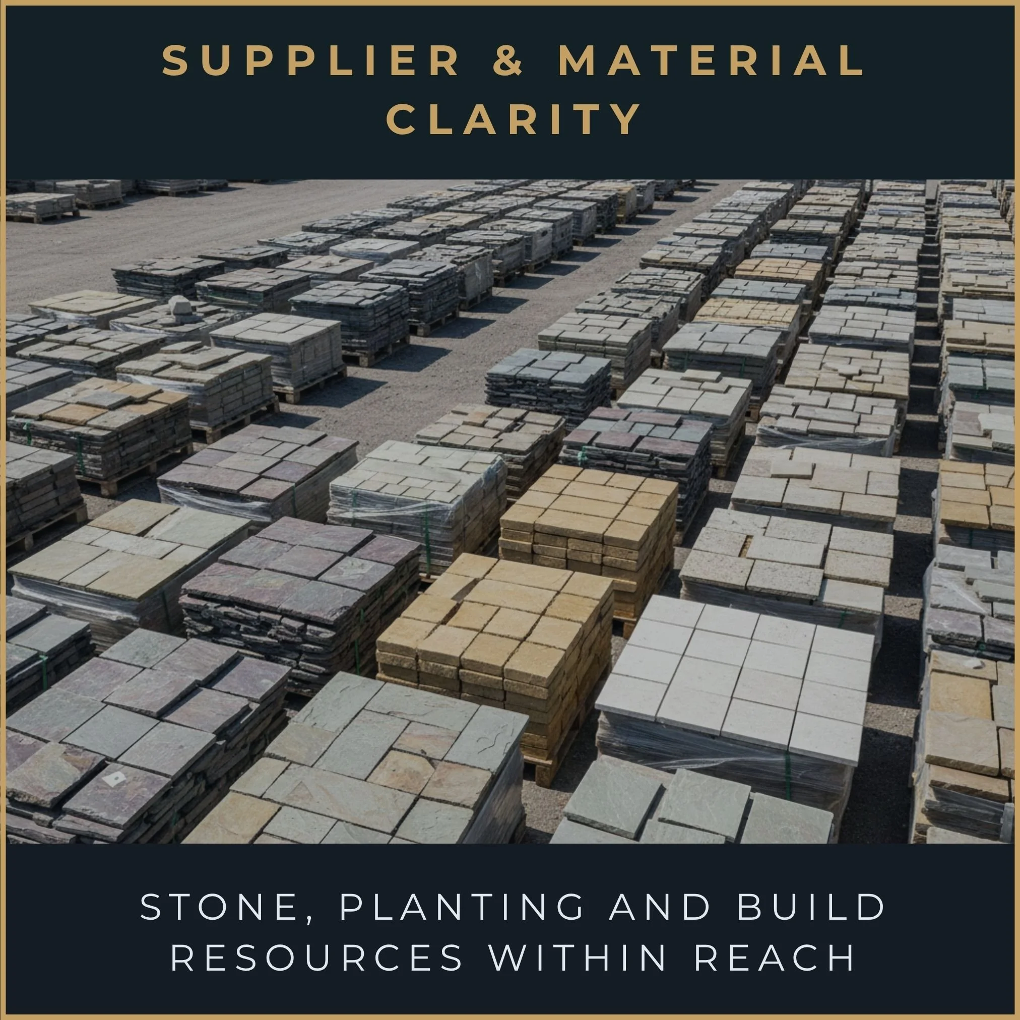 Natural sandstone paving slabs and porcelain tiles at a trade stone yard ready for delivery.