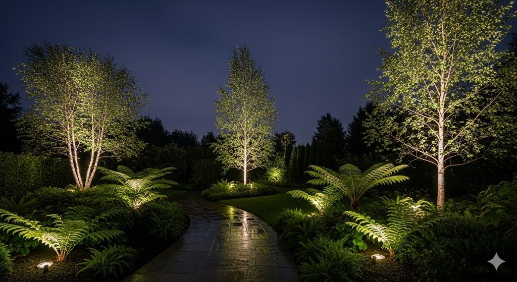 Night view of a landscaped garden with illuminated trees and ferns along a winding stone pathway.