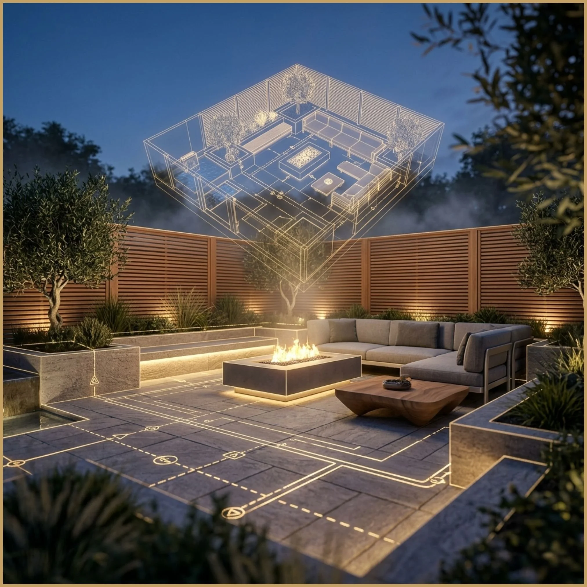 A split visual showing a high-tech 3D architectural wireframe transitioning into a photorealistic luxury nocturnal garden at dusk.