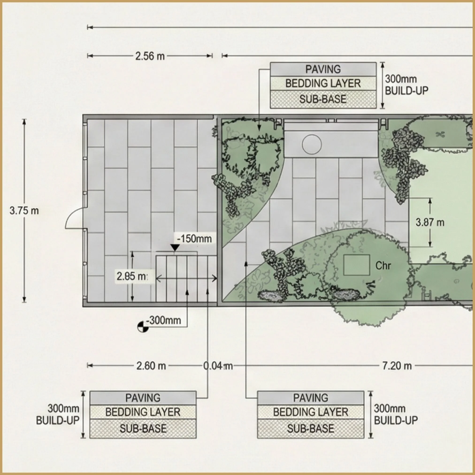 Technical dimensional plan for landscape construction and patio depths.