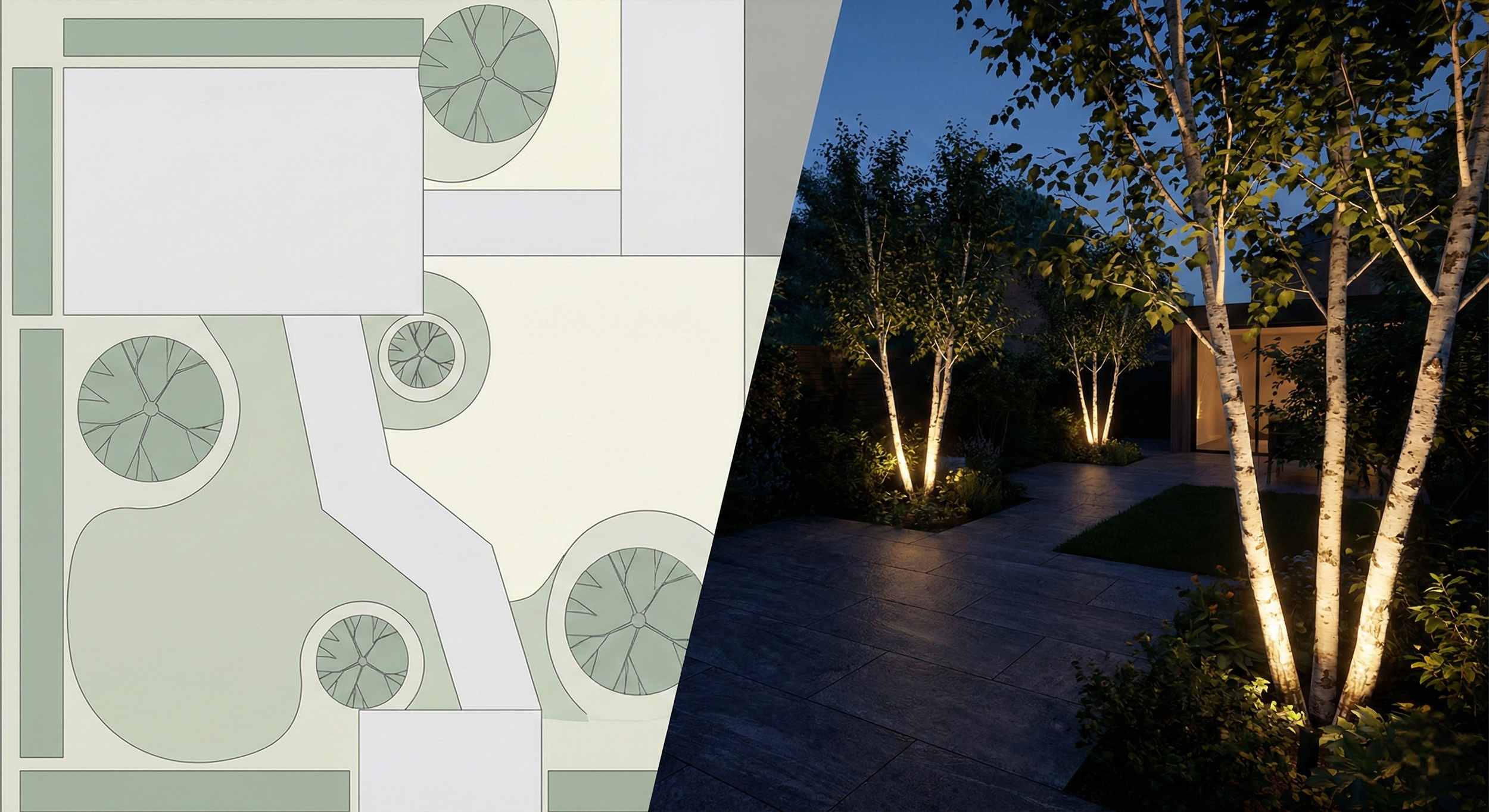 A technical dual-perspective architectural visual showing a 3D garden wireframe model transitioning into a photorealistic 19:00 dusk nocturnal sanctuary render.