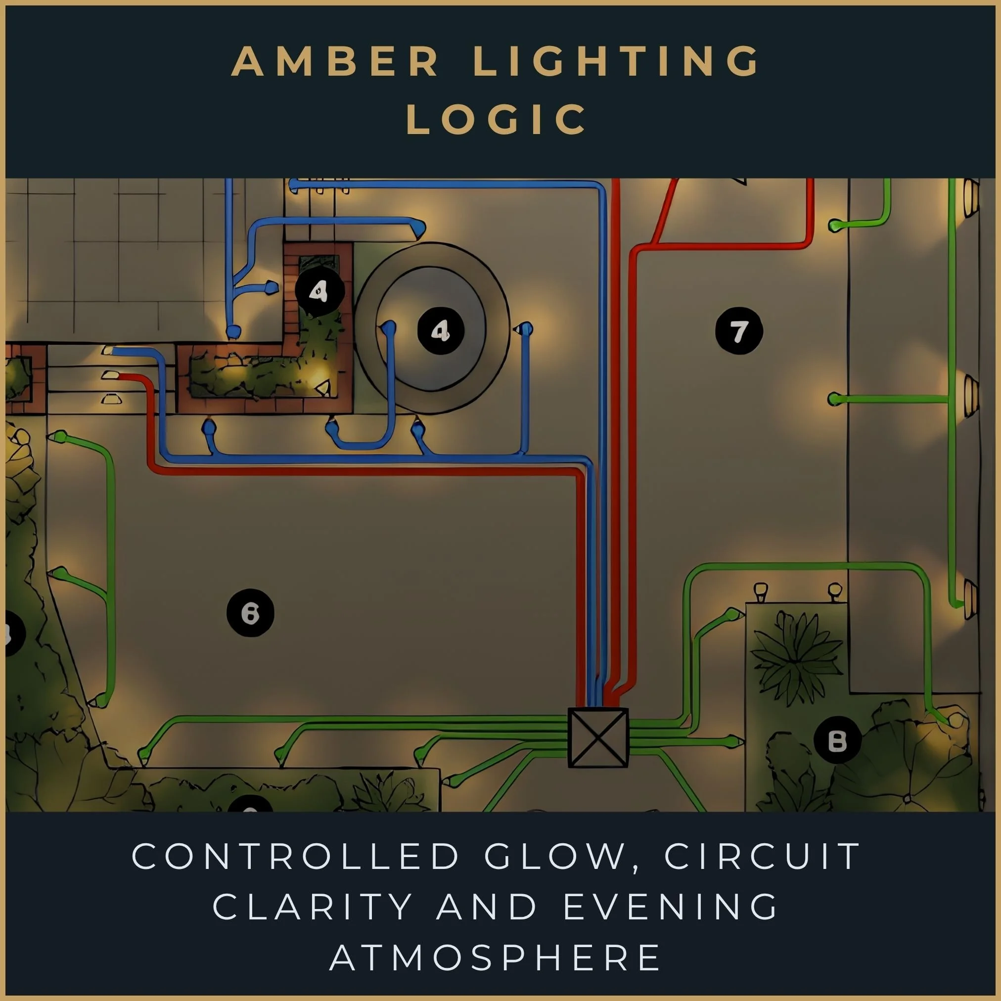 A detailed technical schematic and wiring design plan for a garden, showing lighting circuit zones, lamp types, and transformer locations by Moonlight Studio.