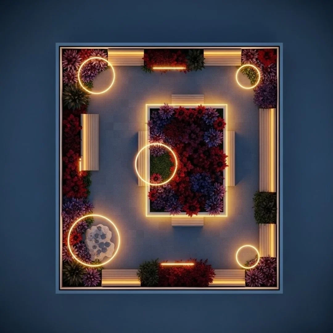 3D top-down garden design plan at dusk showing 2700K lighting placement and Crimson Nocturne planting zones.