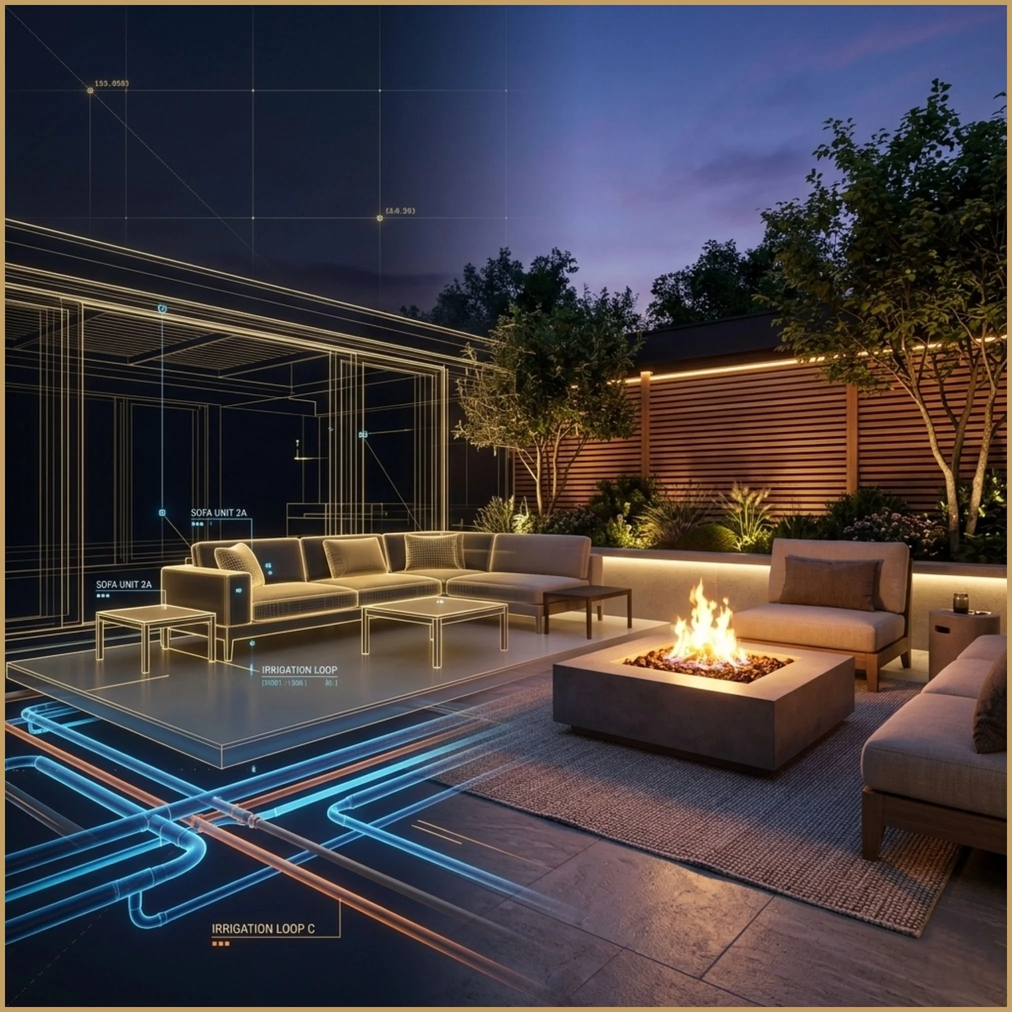 Immersive 3D digital twin garden render at dusk, featuring bespoke furniture and glowing smart irrigation wireframe overlays.