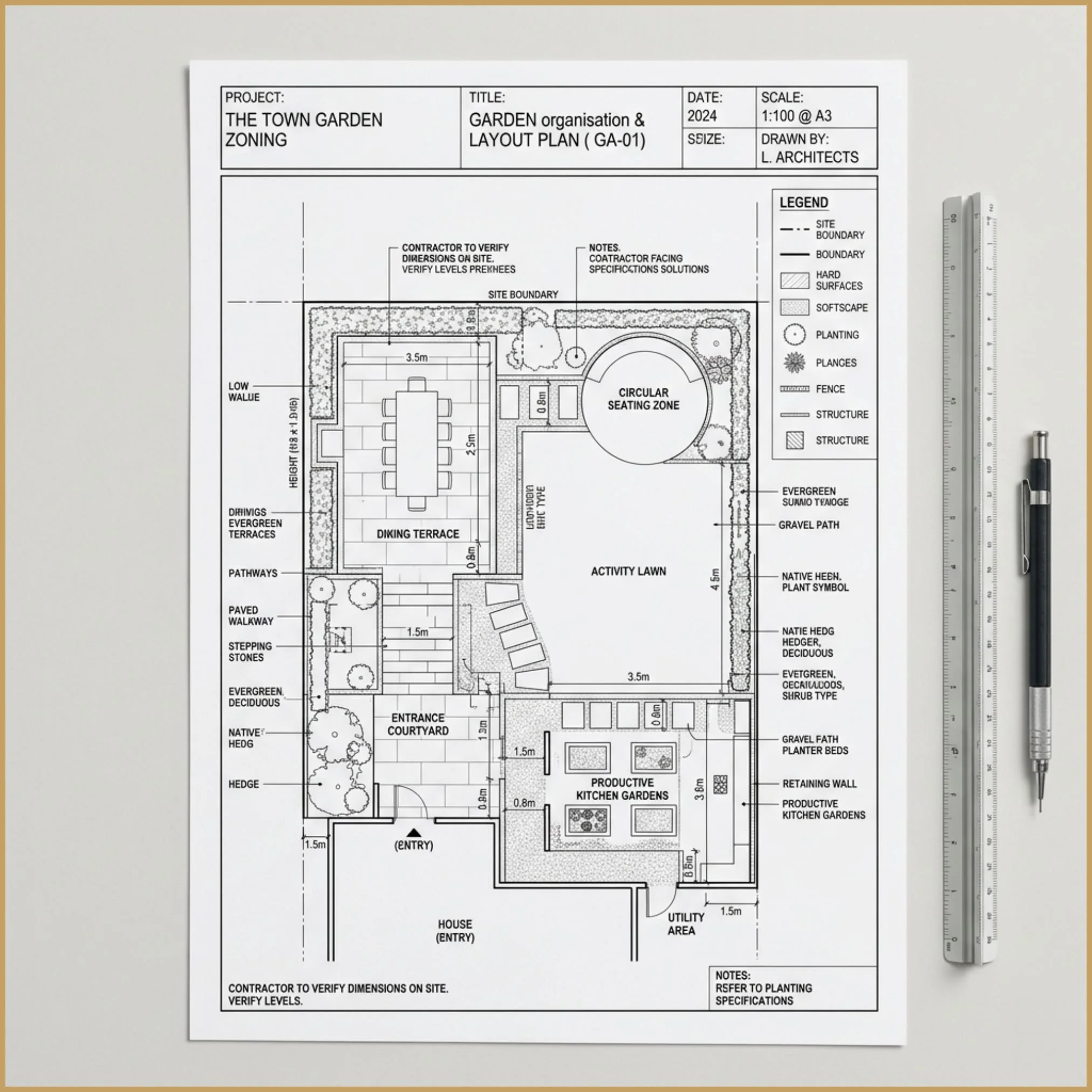 A printed A3 garden layout sheet showing precise spatial organisation. The page features crisp dimensional lines, pathways, and terrace geometry.