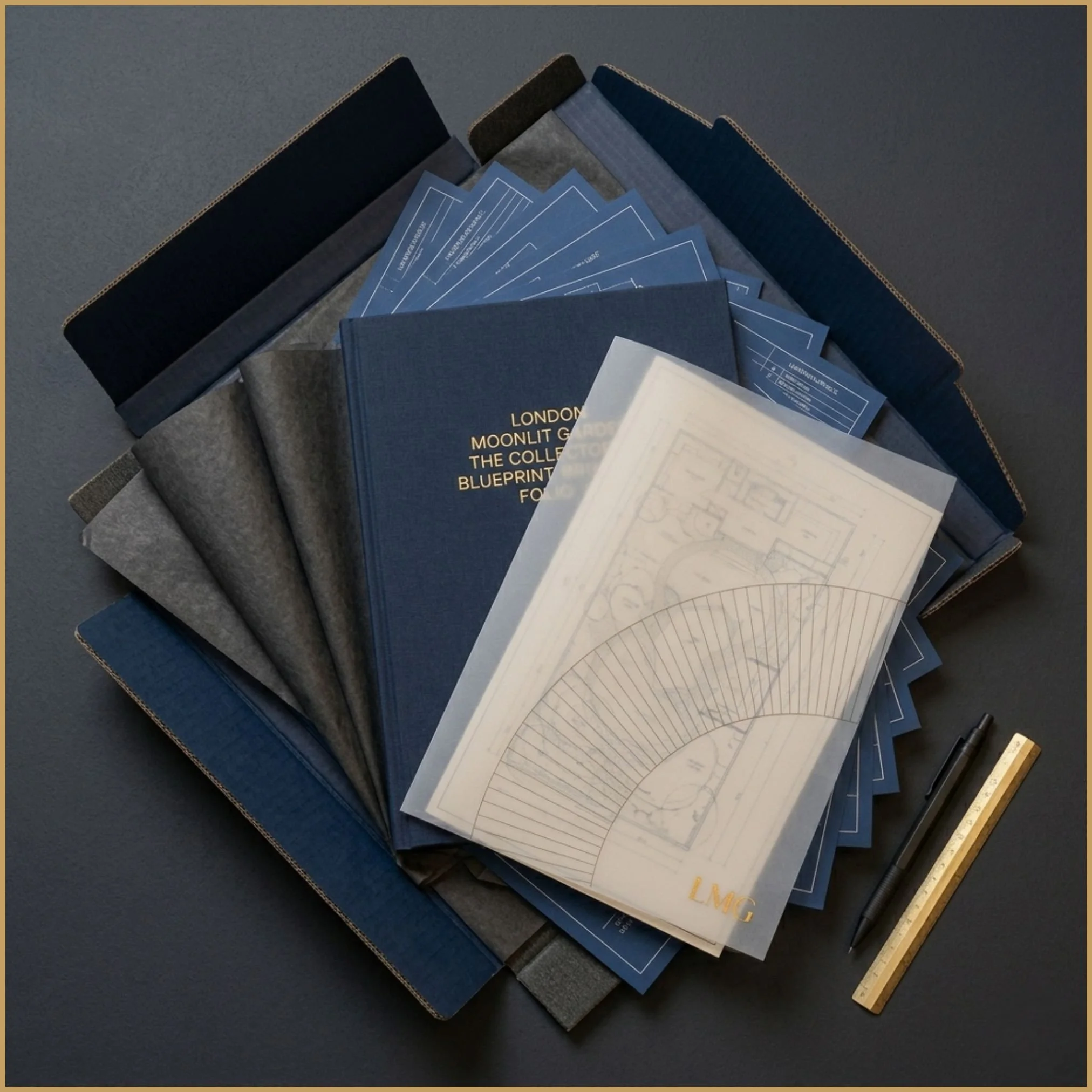 A flat-lay arrangement of an A3 presentation folio, including blue technical pages, a dusk visual sheet, and brass drawing tools on a desk.