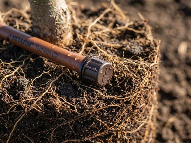 Automated micro-drip irrigation array for high-end urban trees.