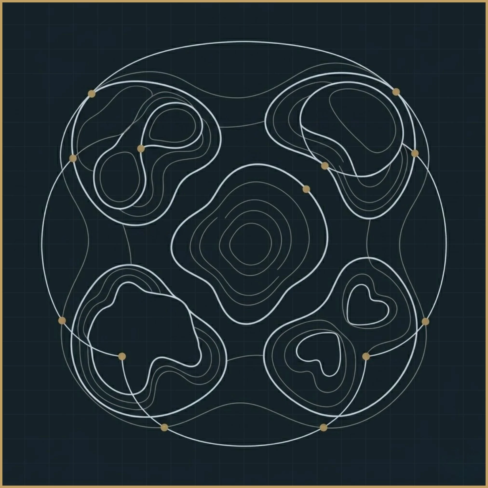 Minimal architectural diagram showing structured botanical system with layered contours, central focal mass and balanced spatial hierarchy