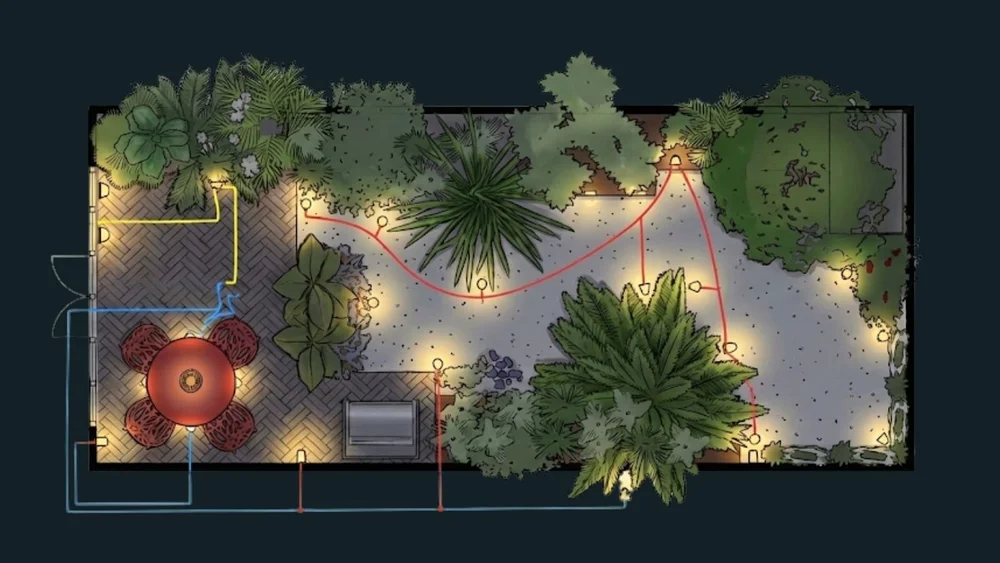 Garden lighting plan showing circuits path lights uplights and warm lighting design