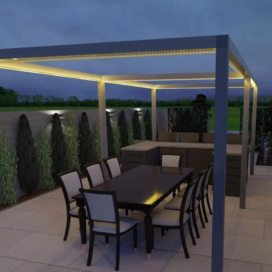 Photorealistic 3D garden visualization showing daylight shadows and material finishes.