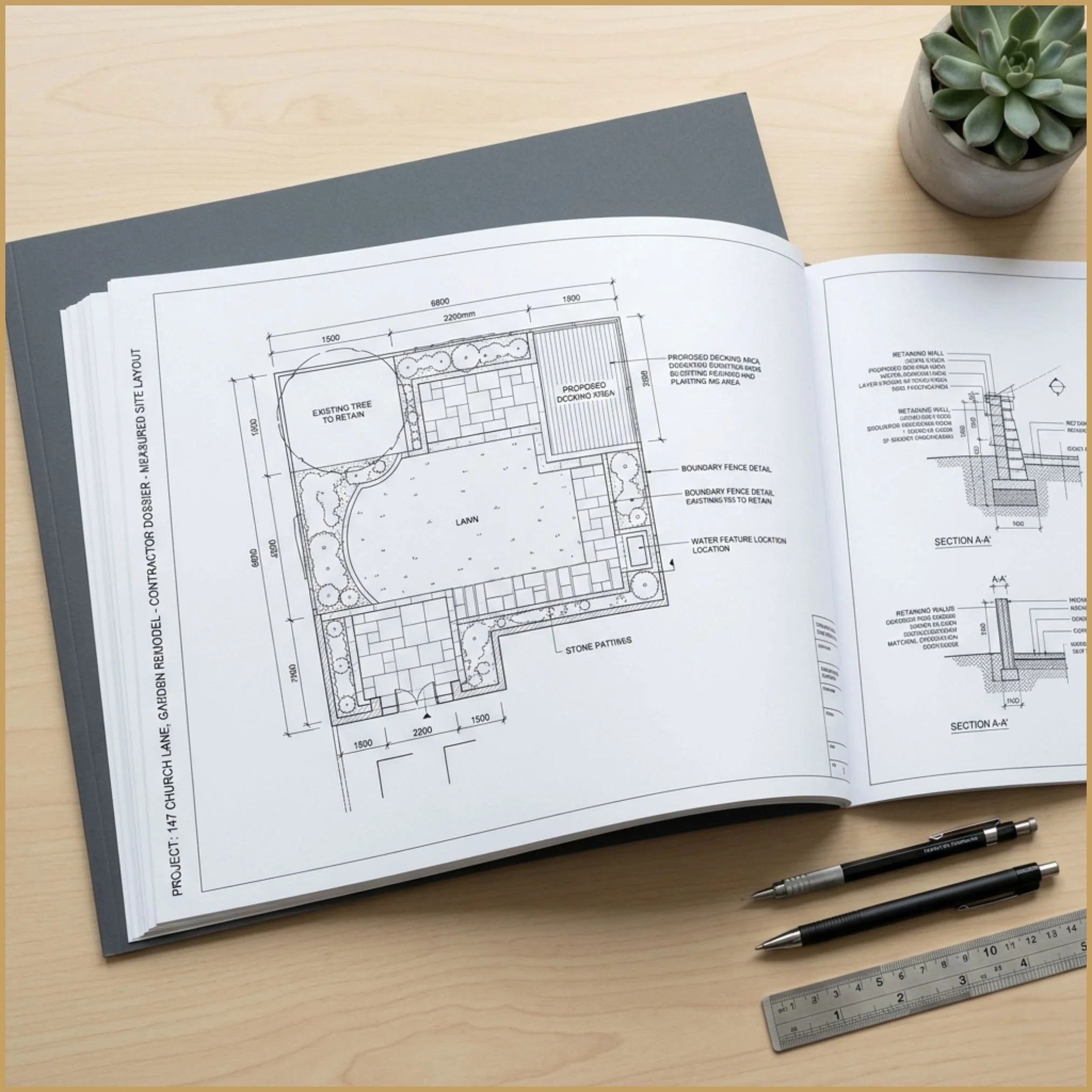 An open A3 contractor dossier rests on a light wood desk. The printed page displays a measured garden layout with architectural plan structure.