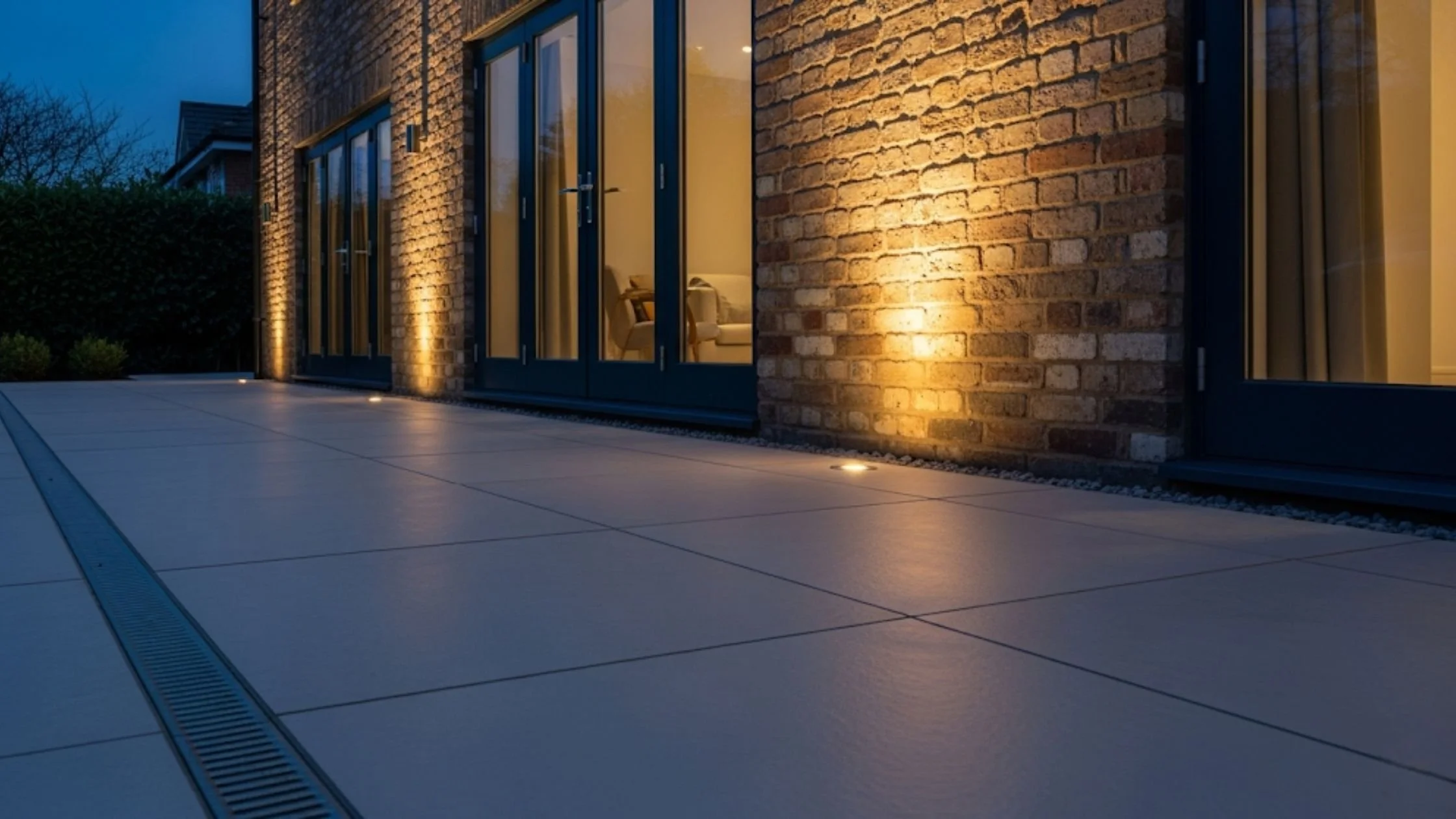 A high-fidelity architectural hero shot of an R11 anti-slip porcelain garden terrace at 19:00 dusk. The terrace is precisely installed 150mm (two calibrated brick courses) below the house's Damp Proof Course (DPC).