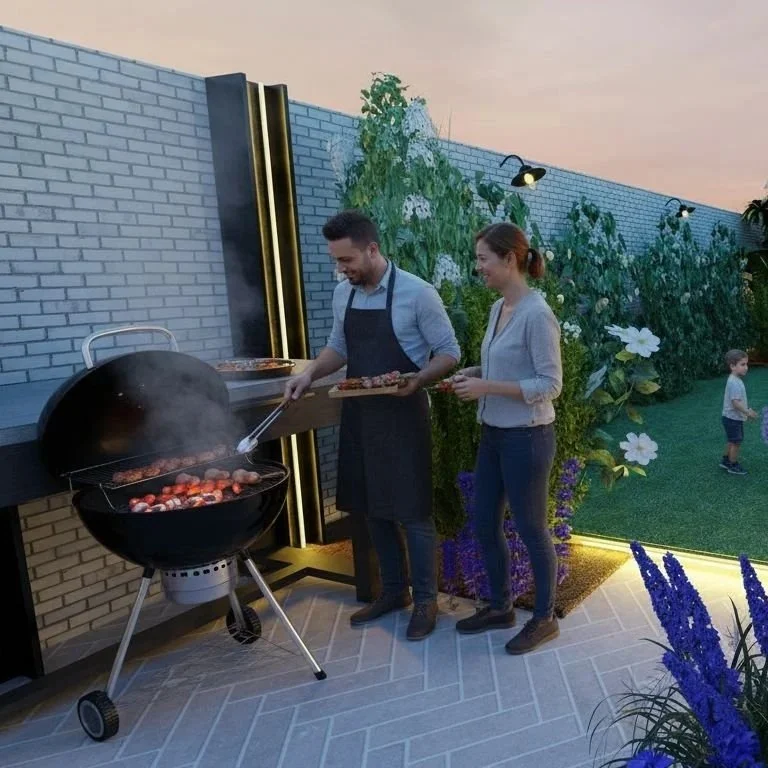 Cinematic 3D garden render of a nocturnal sanctuary at dusk with integrated LED lighting and fire-pit.