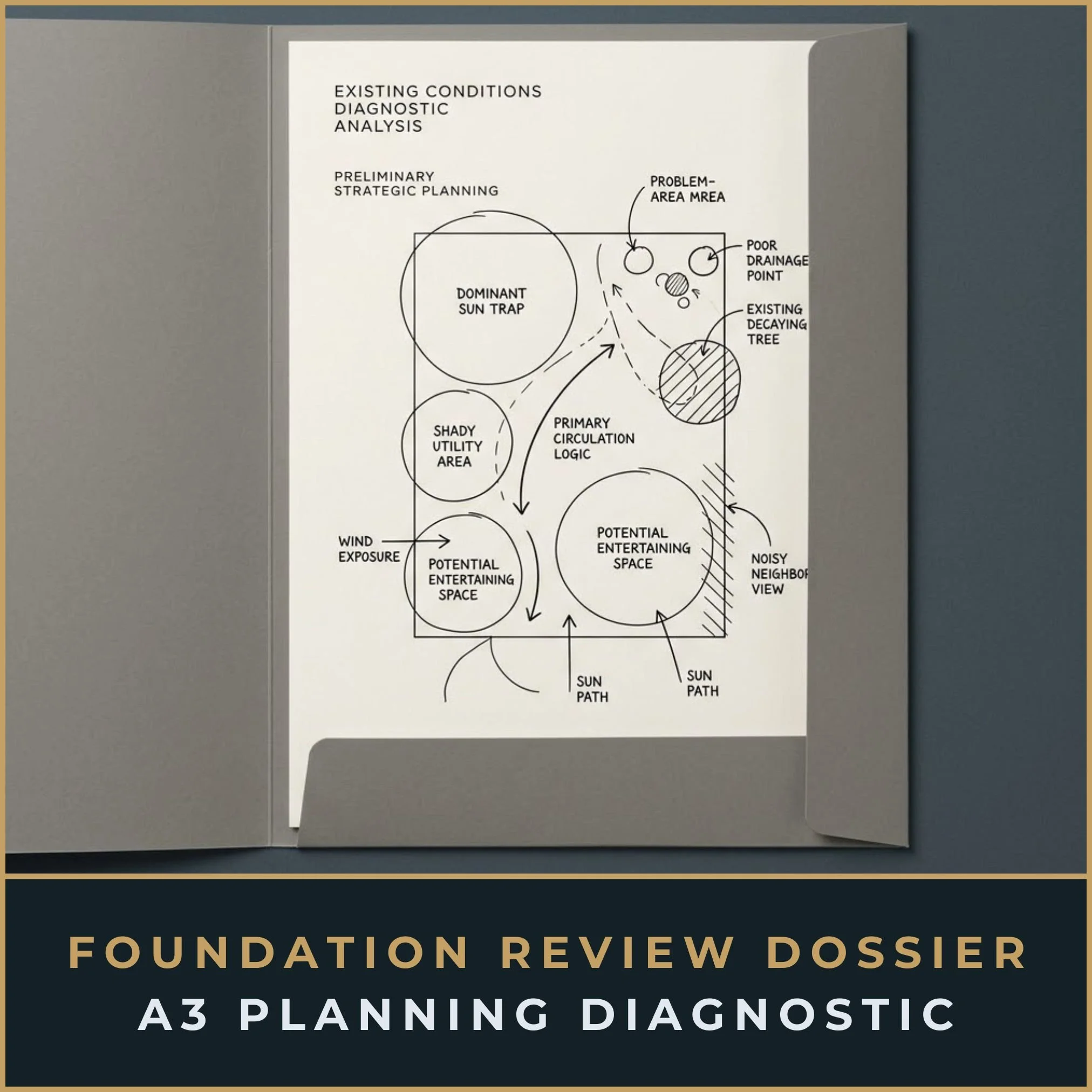 A printed A3 document in a dark grey folder rests on a muted surface. The visible page displays a basic zoning diagram with simple arrows.