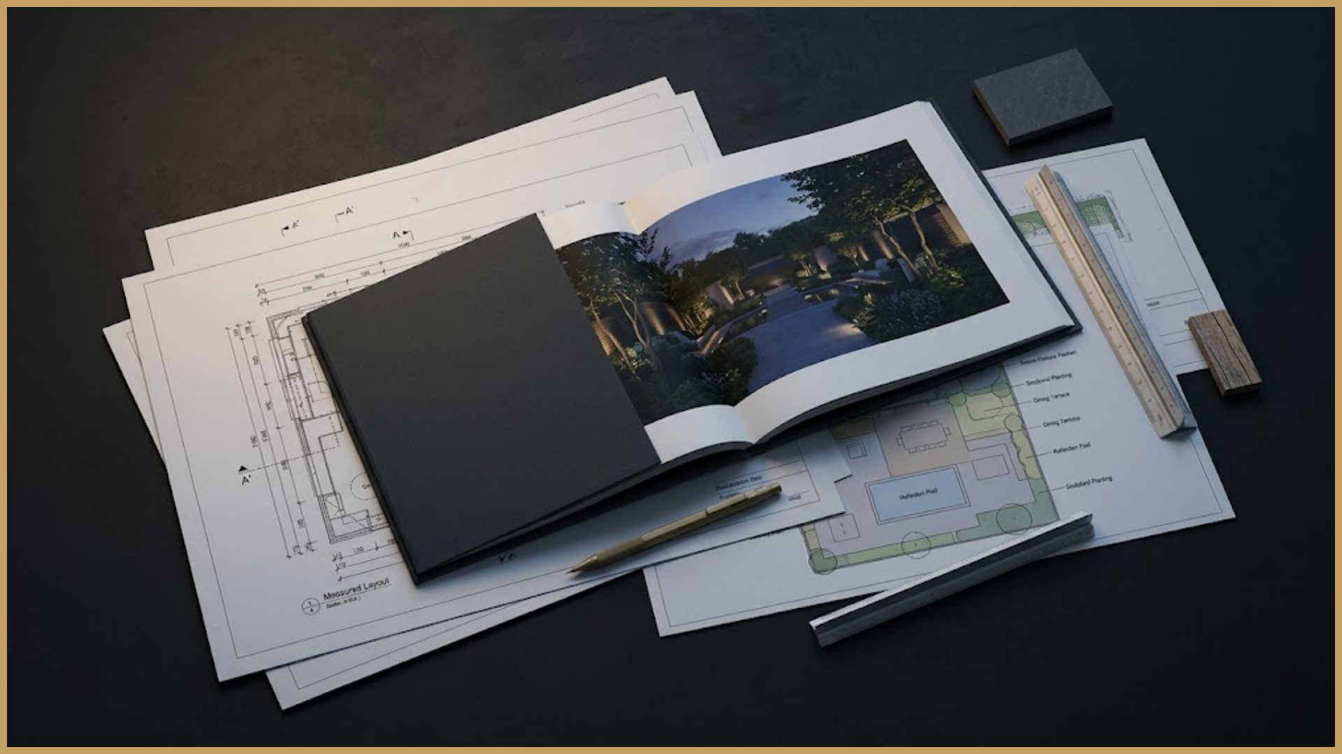 Printed garden design plans UK with landscape layout drawings and architectural planning documents before construction