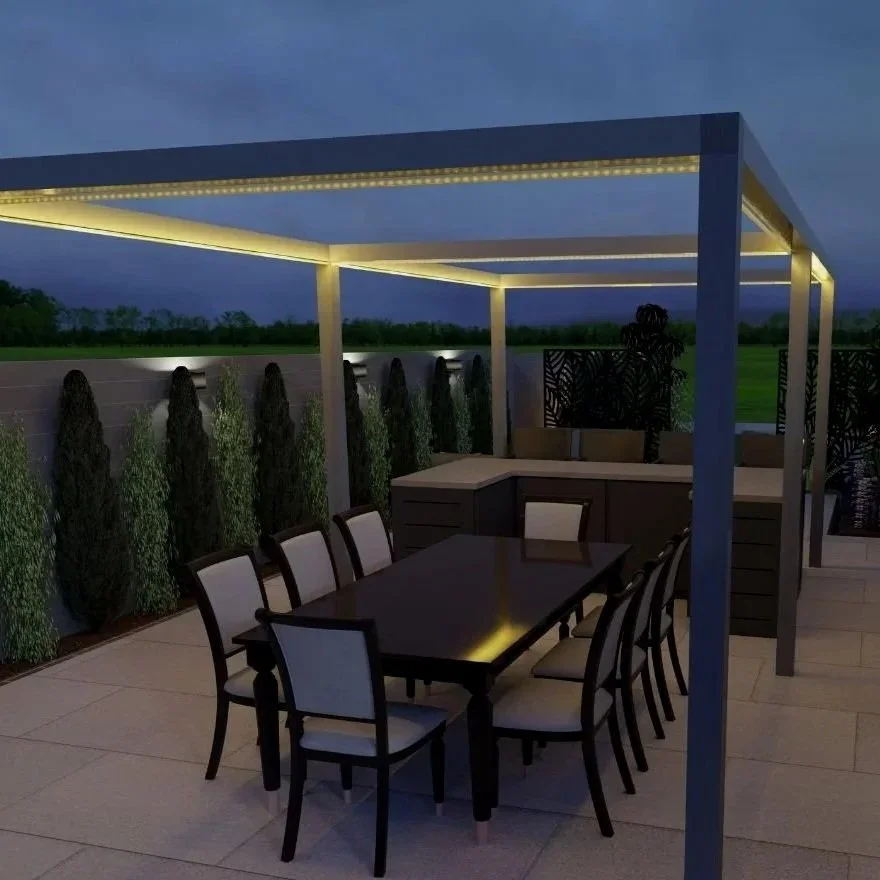 Modern pergola with outdoor dining and bar area in a 3D digital twin garden design.