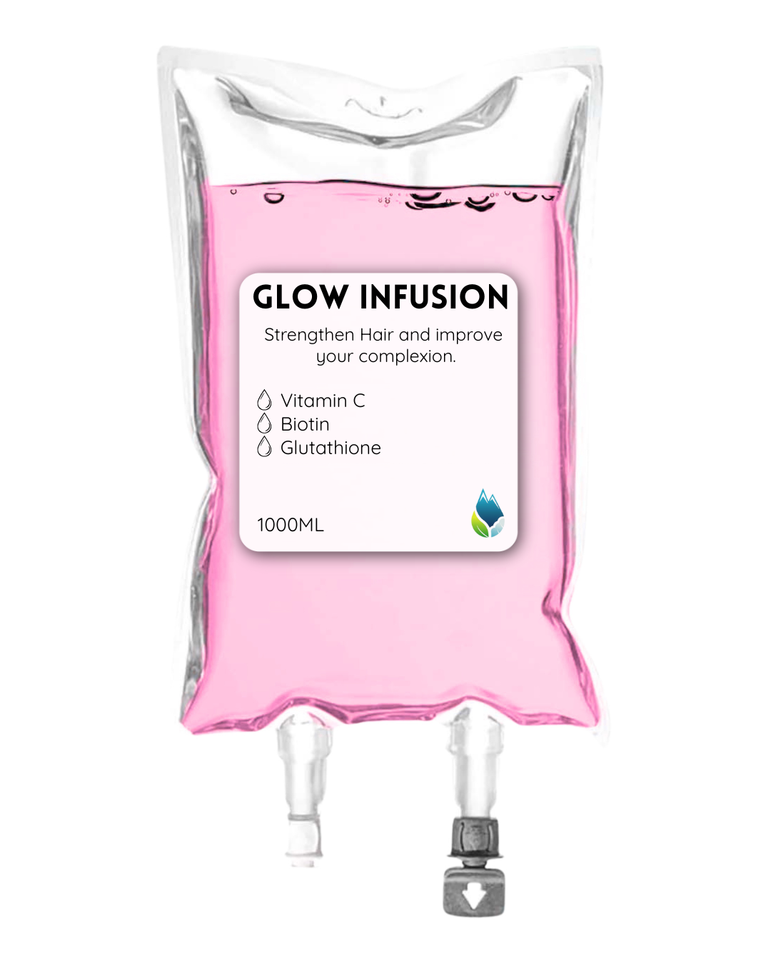 Glow Infusion with ingredients Vitamin C, Biotin, and Glutathione, designed to strengthen hair and improve complexion.
