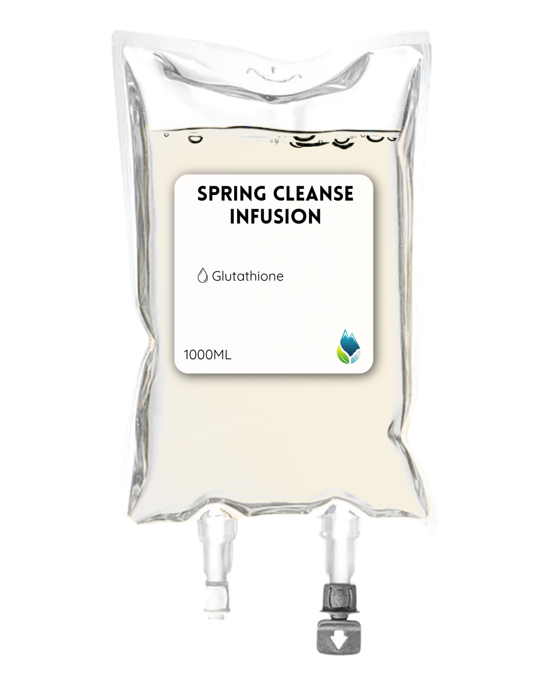 A clear IV bag labeled "Spring Cleanse Infusion" containing a solution with the ingredient "Glutathione" and a volume of 1000 milliliters.