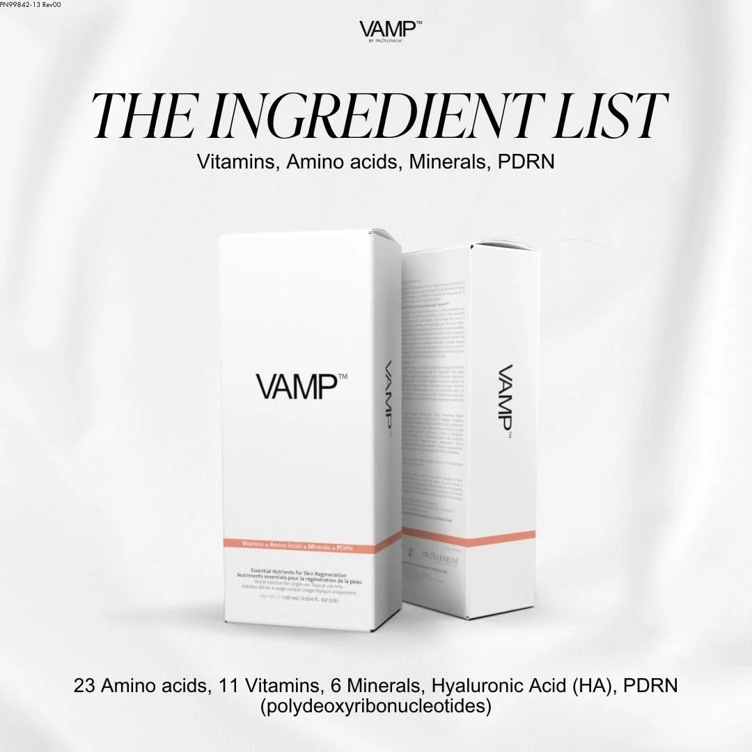 Product packaging for VAMP with a white background, displaying two white boxes with black text, and the caption 'The Ingredient List' listing vitamins, amino acids, minerals, and PDRN ingredients.