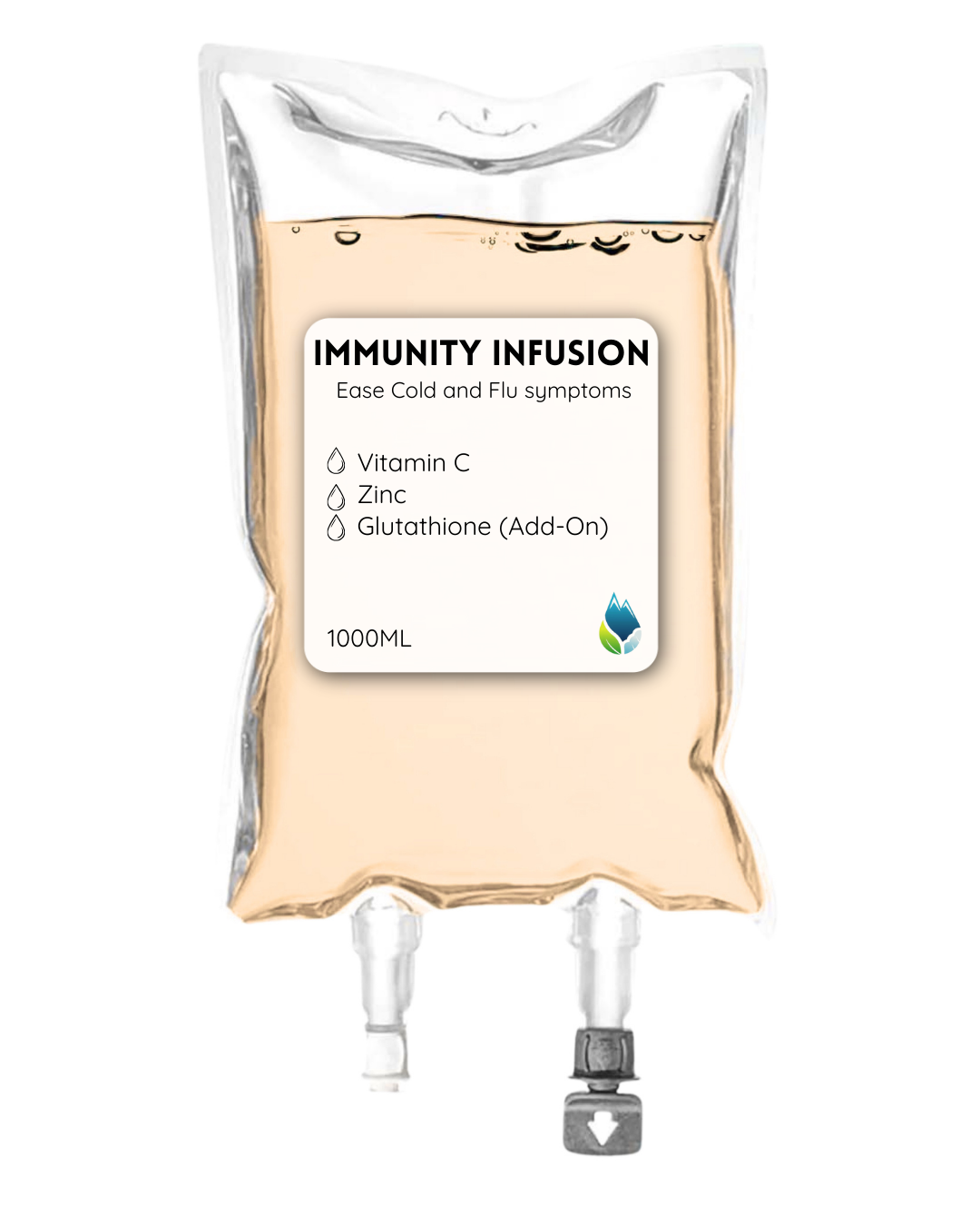 Immunity Infusion containing a light-colored liquid, with a label listing ingredients: Vitamin C, Zinc, Glutathione (Add-On).
