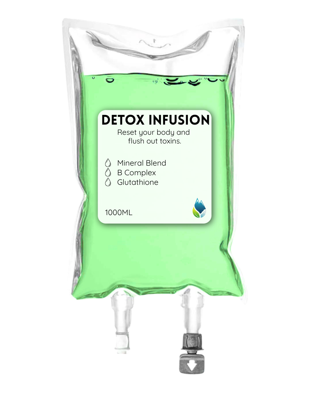 IV hydration 'Detox Infusion' with the text 'Reset your body and flush out toxins,' containing a mineral blend, B complex, and glutathione.