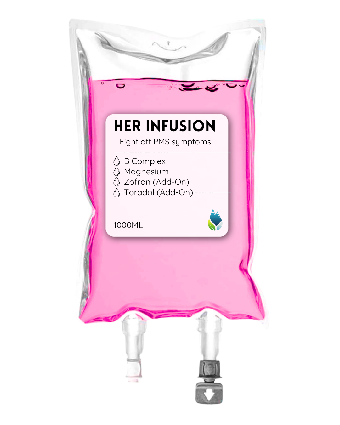  Her Infusion to fight PMS symptoms, containing B Complex, Magnesium, Zofran (Add-On), and Toradol (Add-On).