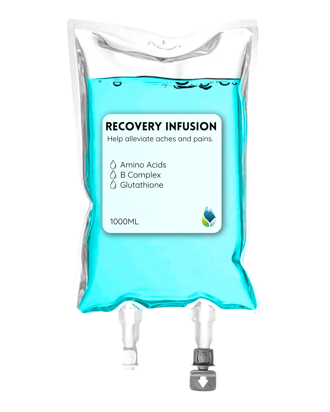 Recovery Infusion  for relieving aches and pains, and ingredients like amino acids, B complex, and glutathione.