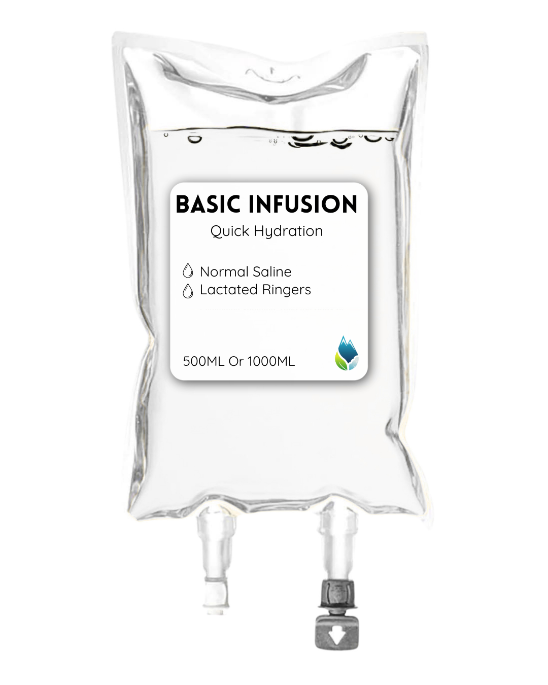 IV hydration "Basic Infusion" with text indicating it contains normal saline and lactated ringer's solution, used for quick hydration, available in 500ML or 1000ML.