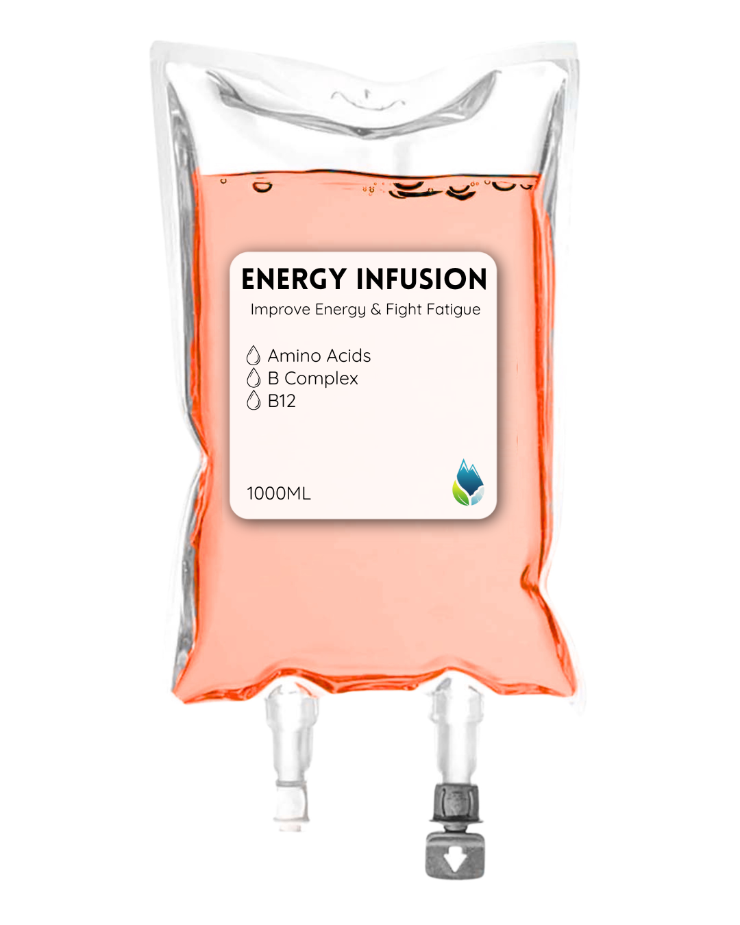 IV Energy Infusion,' listing ingredients like Vitamin C, B Complex, B12, and Amino Acids (Add-on), with a water droplet icon next to each. 