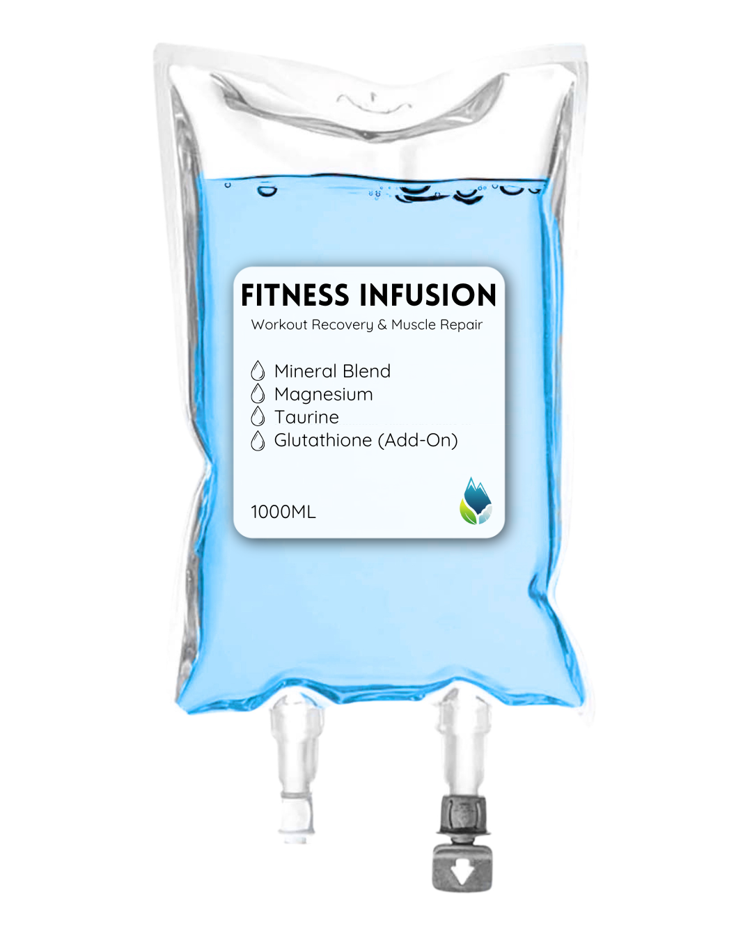 'Fitness Infusion with ingredients including mineral blend, magnesium, taurine (add-on), and glutathione (add-on), used for workout recovery and muscle repair.