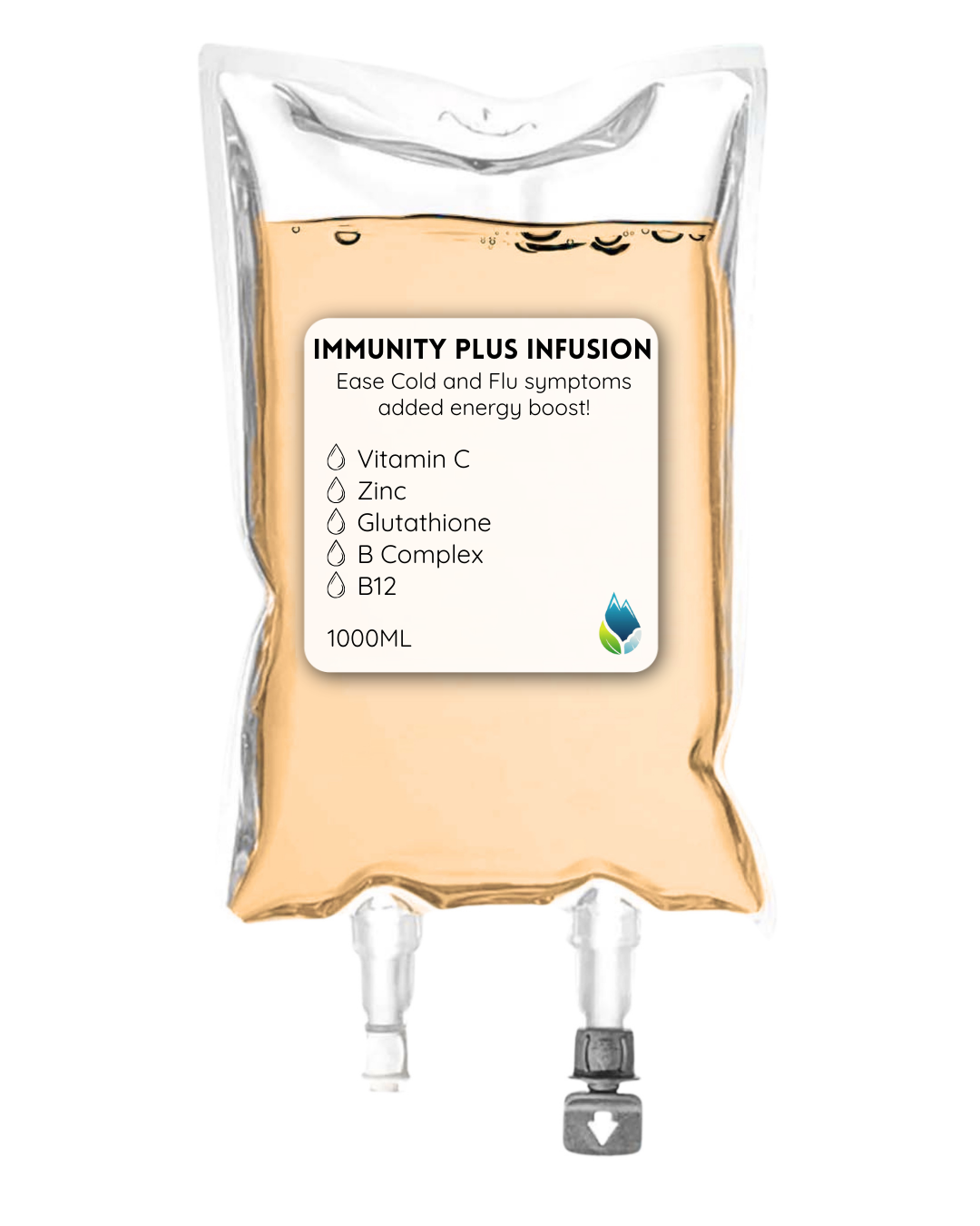 Immunity Plus Infusion containing a vitamin supplement with listed ingredients: Vitamin C, Zinc, Glutathione, B Complex, B12