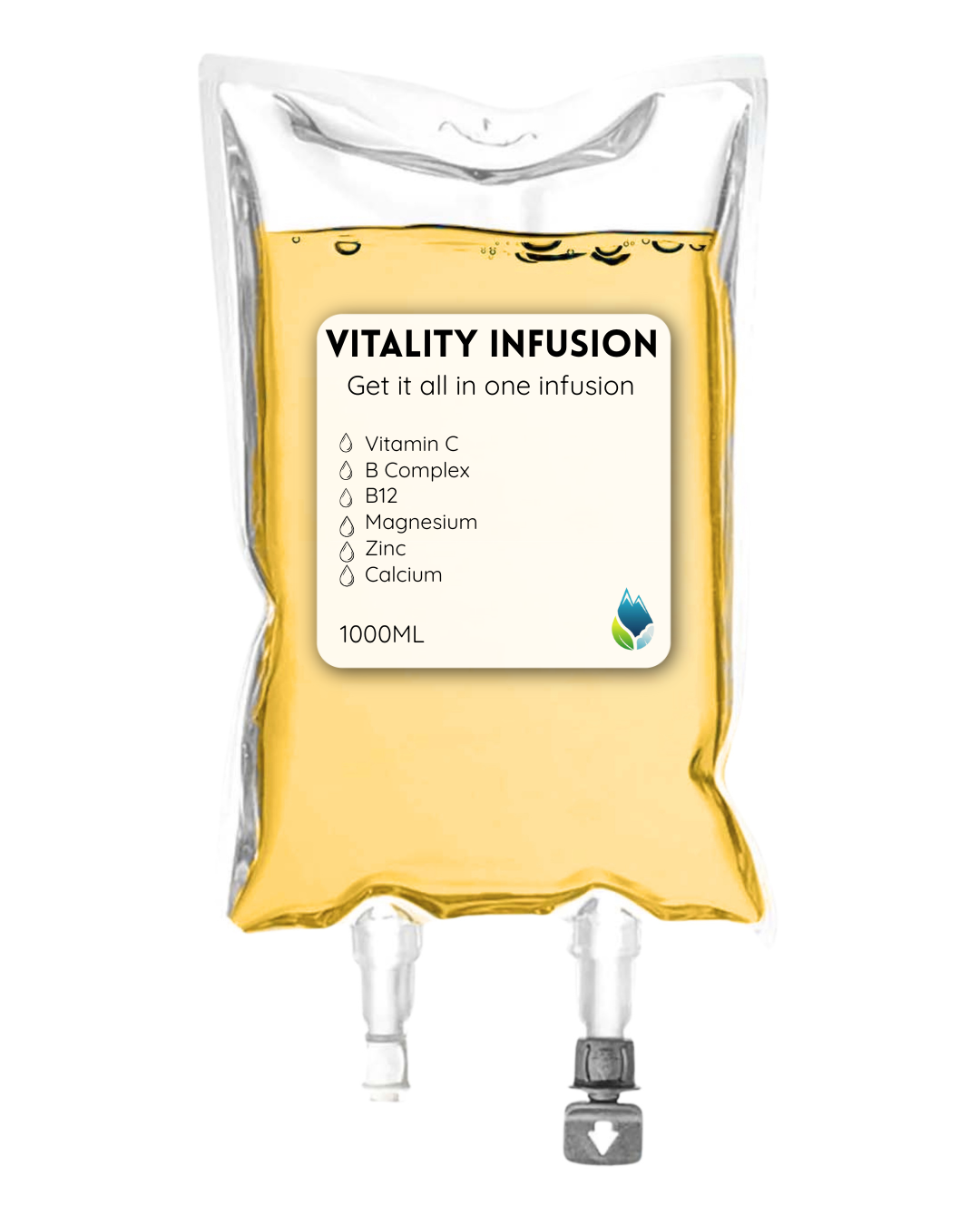 Vitality Infusion contains vitamins and minerals such as vitamin C, B complex, B12, magnesium, zinc, and calcium.