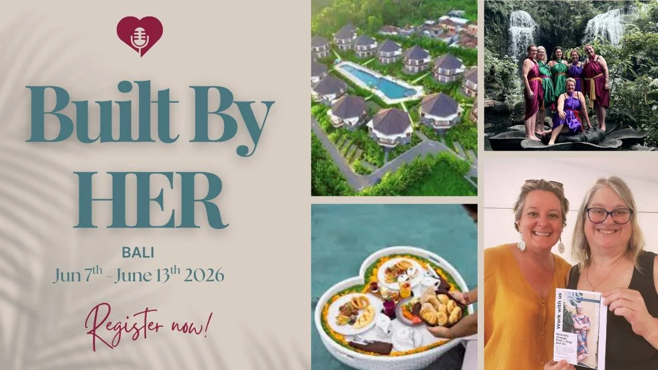 A promotional flyer for an event called 'Built By HER' in Bali from June 7th to June 13th, 2026, featuring images of a resort, women at a waterfall, a plate of traditional food, and two women smiling and holding a flyer.