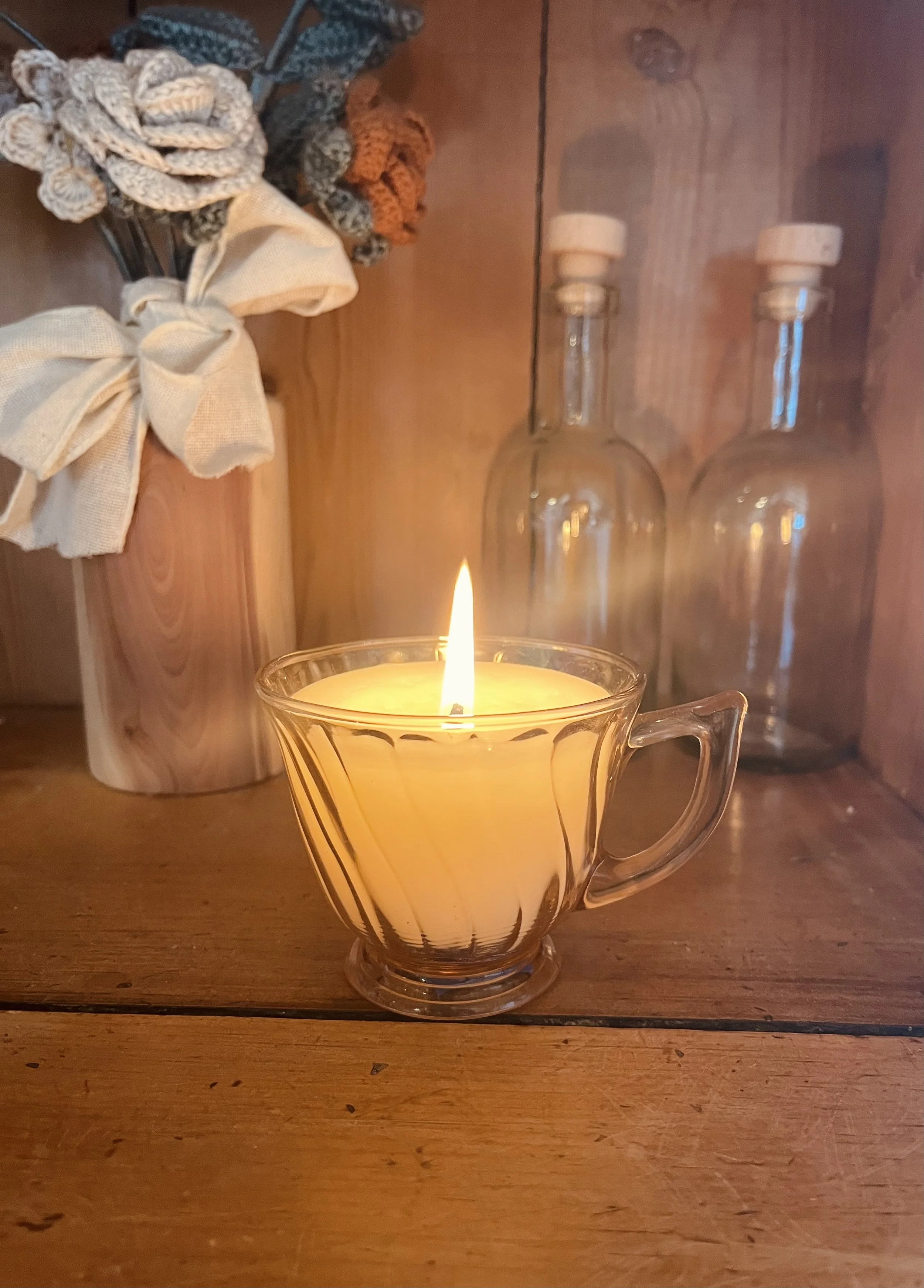 Scented Beeswax Candle in Vintage Pink Glass Teacup, 6 oz