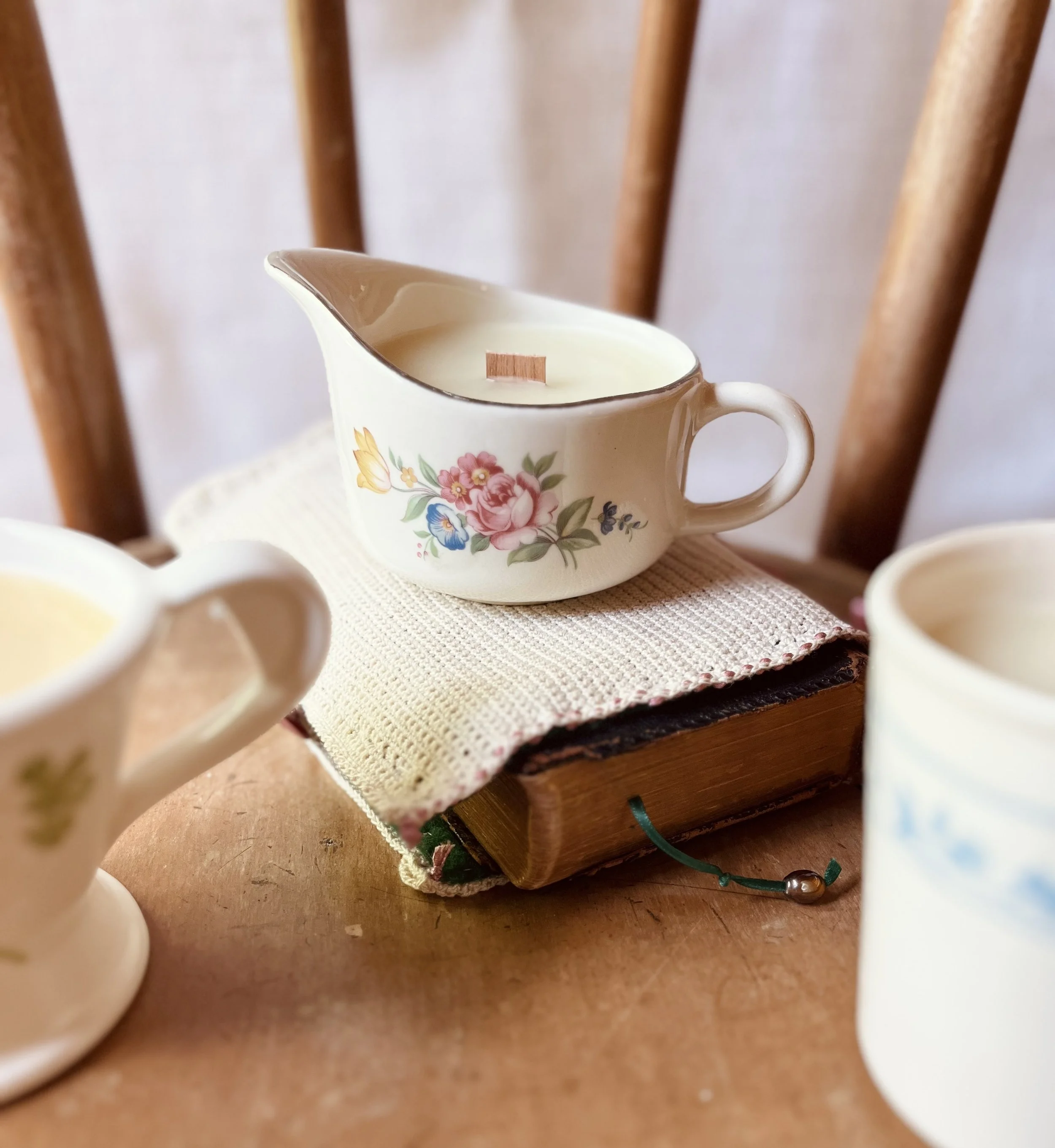 Pure Beeswax Candle in Vintage Floral Creamer, Bourbon Vanilla Bean, 8 oz