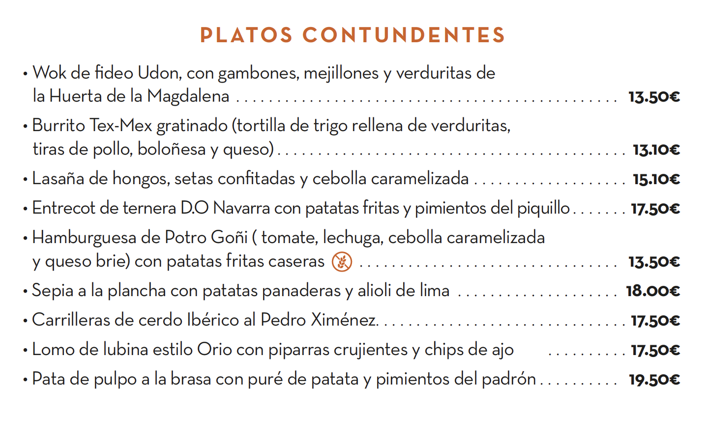 Menú de platos contundentes con nombres y precios en euros, incluyendo opciones como wok de fideo Udon, burrito Tex-Mex, lasaña de hongos, entre otros.
