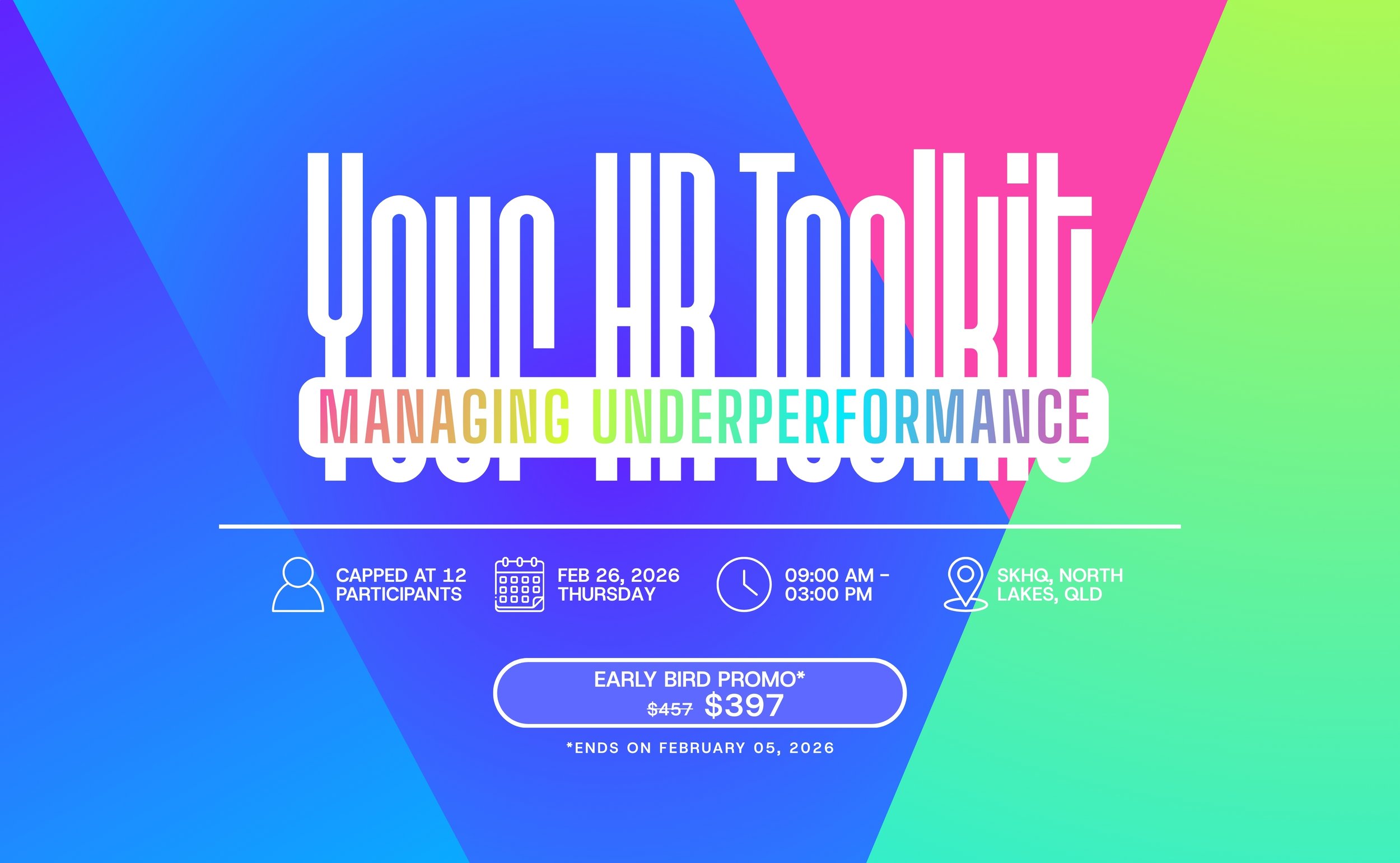 Digital promotional poster for a youth art management workshop, featuring colorful geometric backgrounds, large text, and event details including date, time, location, and early bird registration prices.