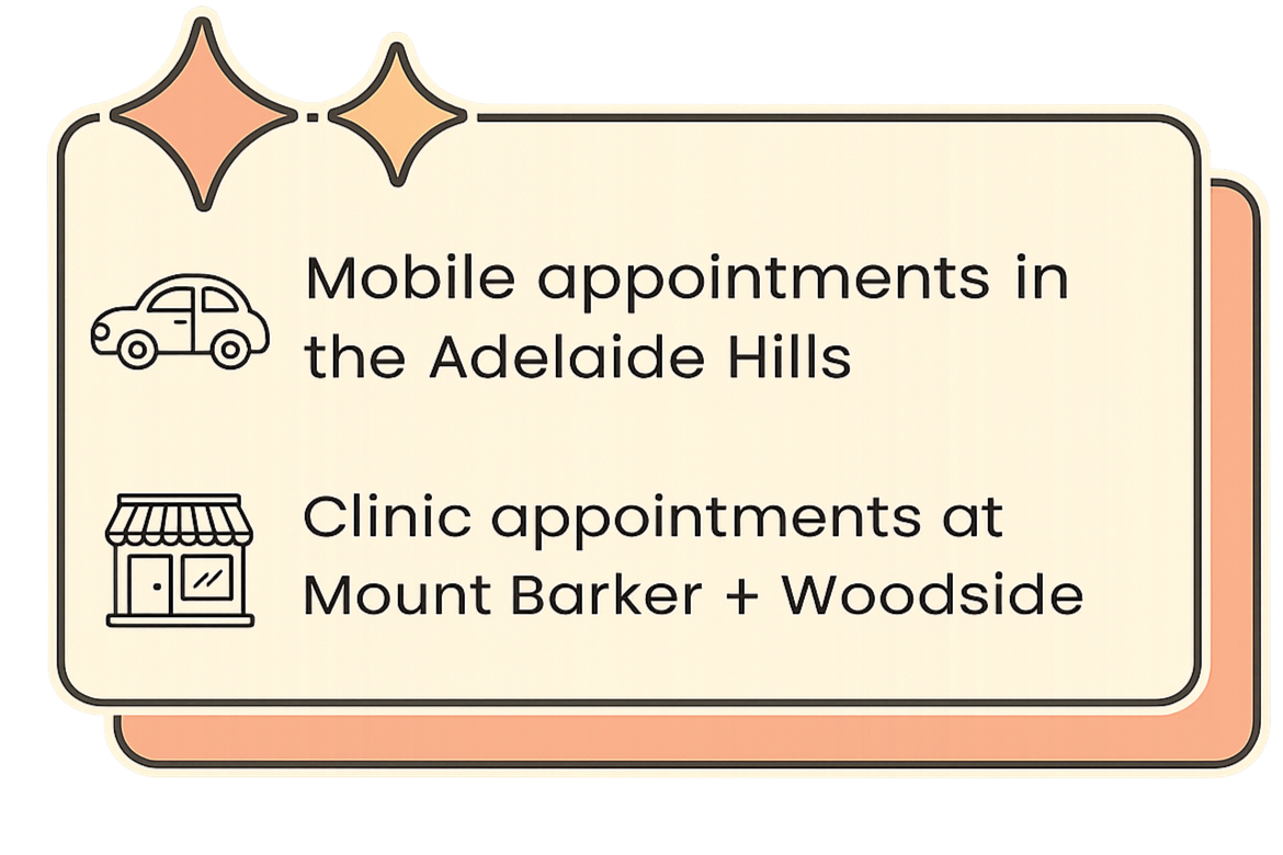 Sign providing information about mobile appointments in the Adelaide Hills and clinic appointments at Mount Barker and Woodside.