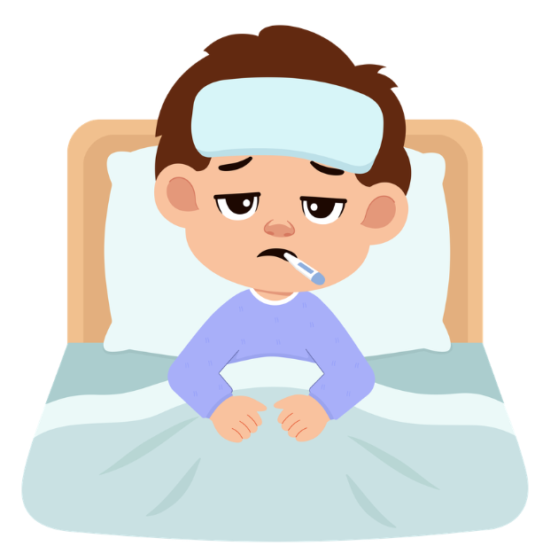 A boy sick in bed with a compress on their forehead and thermometer in their mouth.