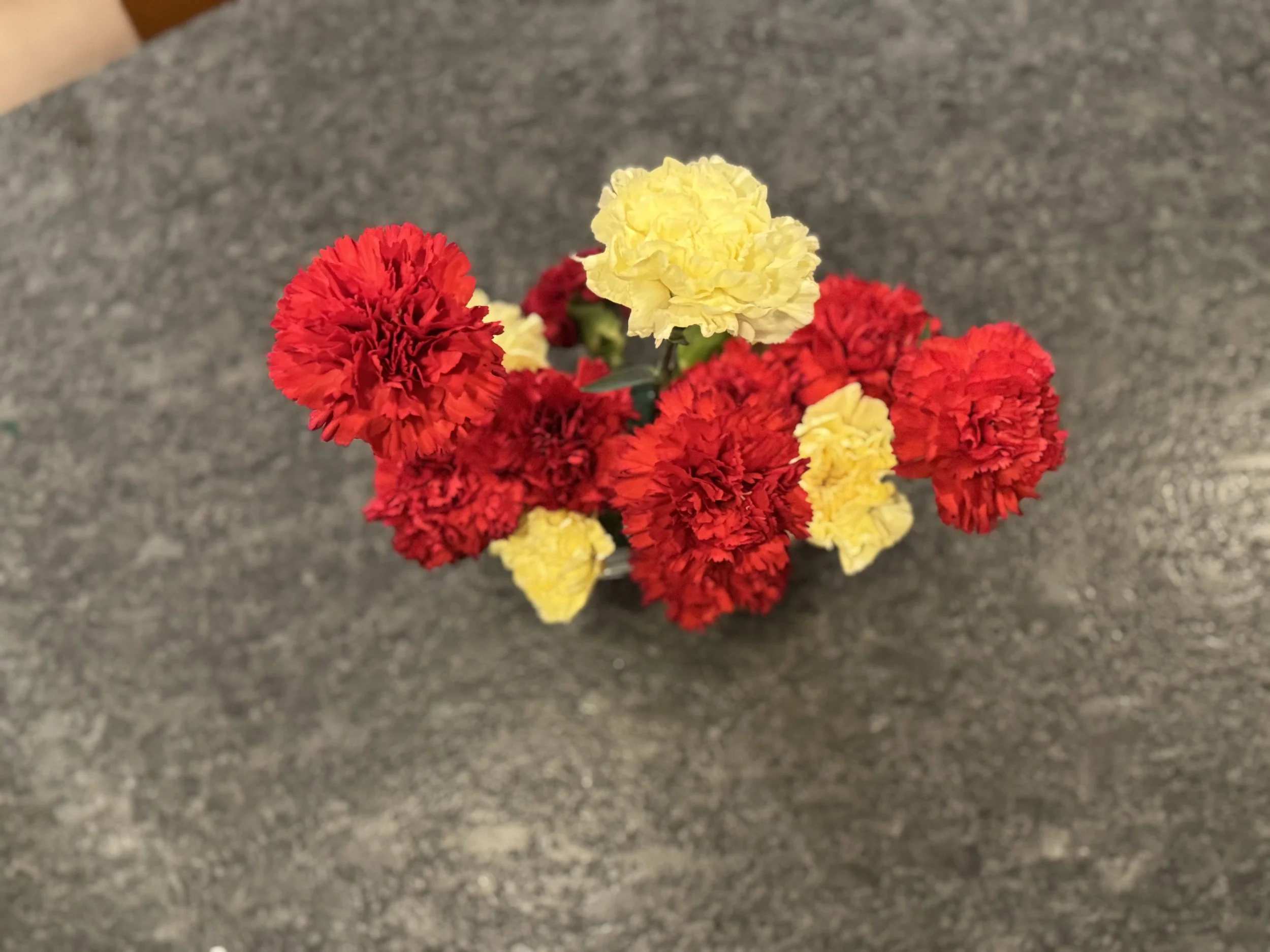 Petite Countertop Accent (Top View) — red and buttercream carnations styled as a clean, cheerful detail for reception desks or café tables.
