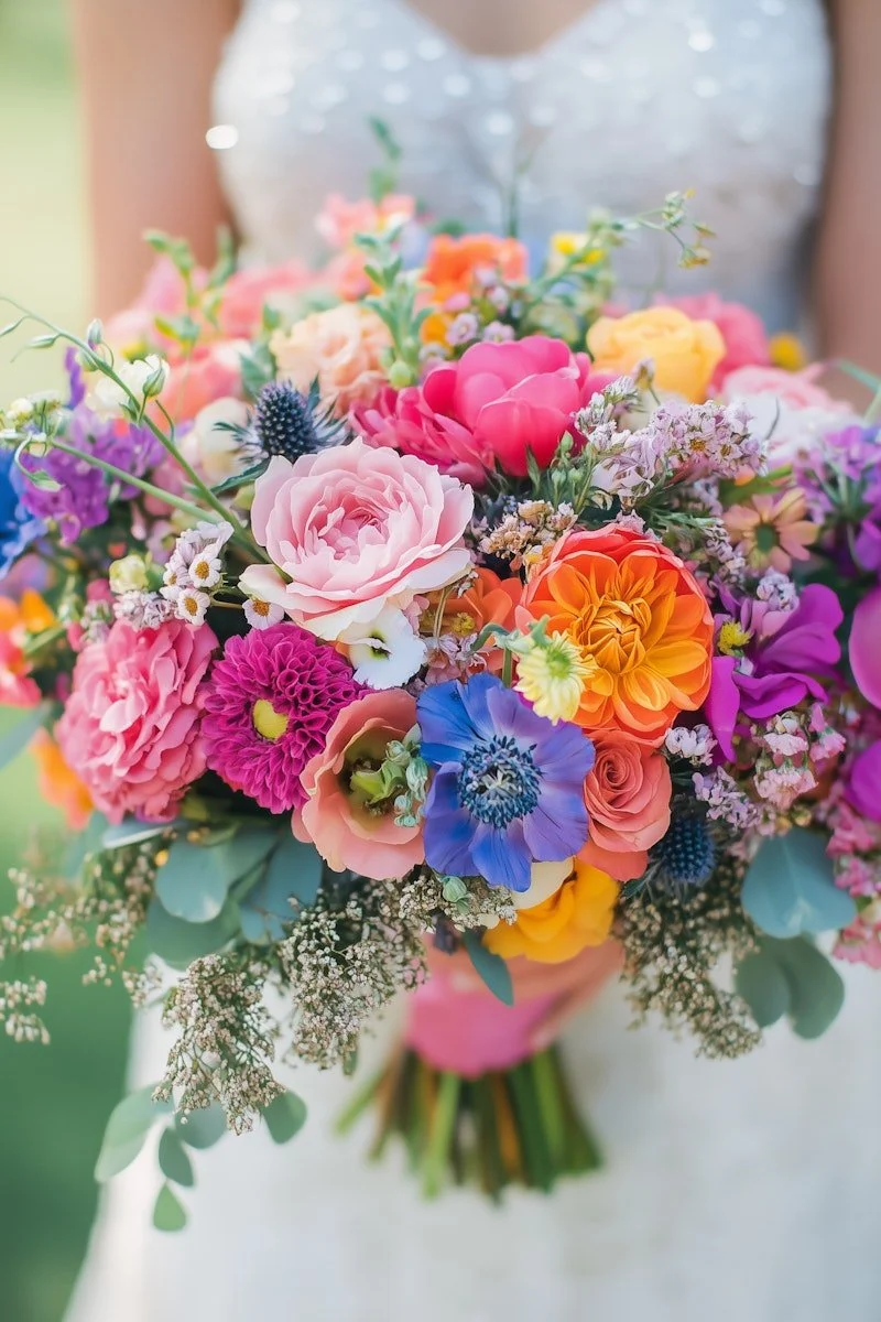A bride holding a colorful bouquet of various flowers including peonies, roses, and anemones.