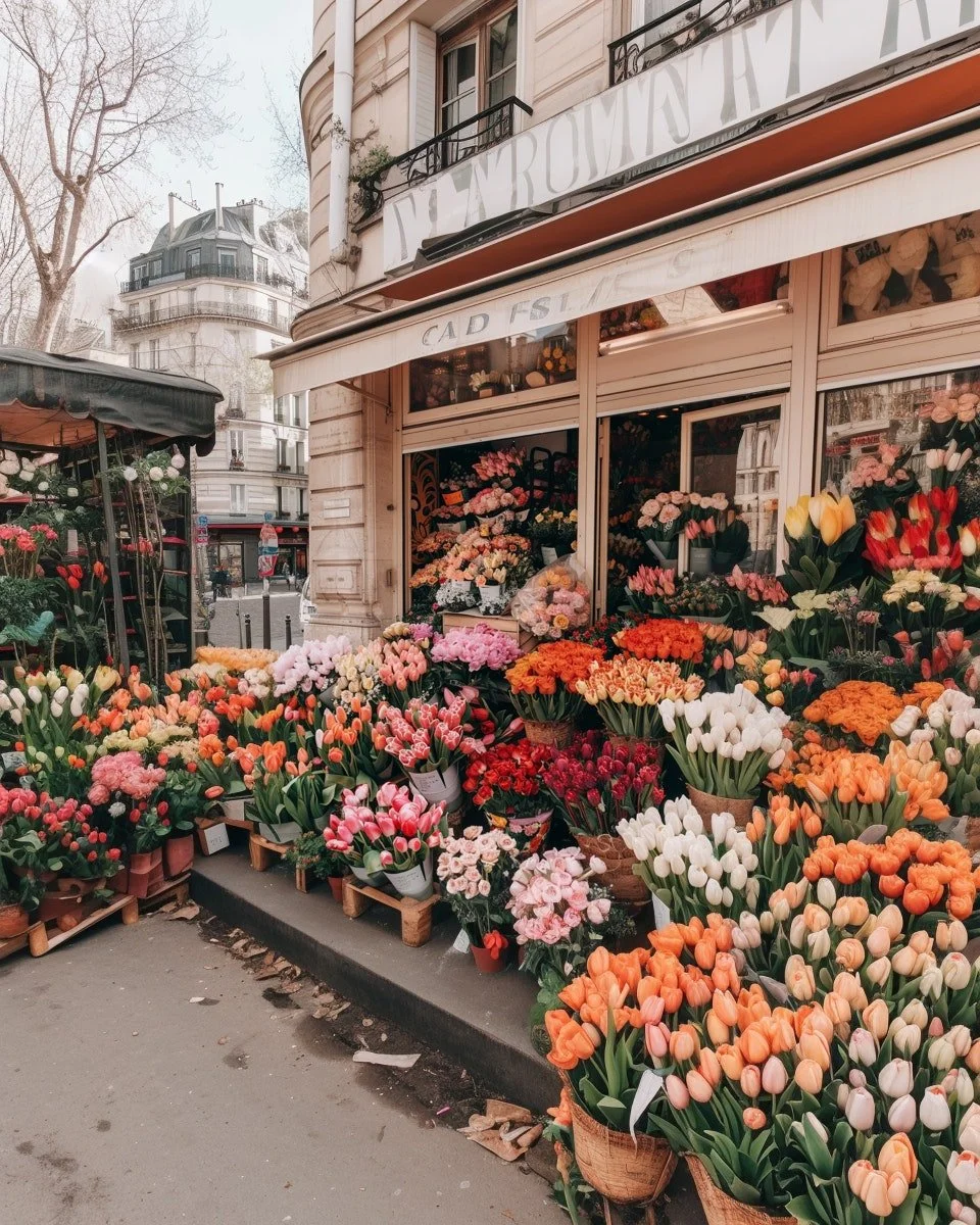 A flower shop on a city street with a colorful display of tulips and other flowers outside the storefront.