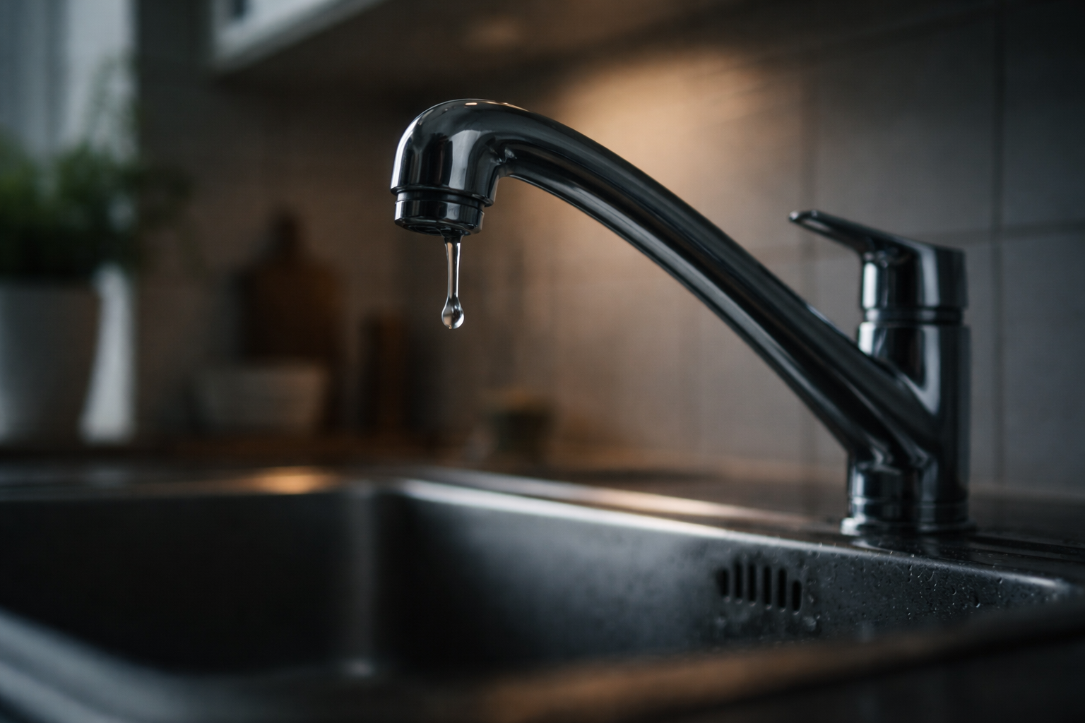 A close-up of a black kitchen faucet with water droplets dripping from it, over a stainless steel sink in a modern kitchen setting.