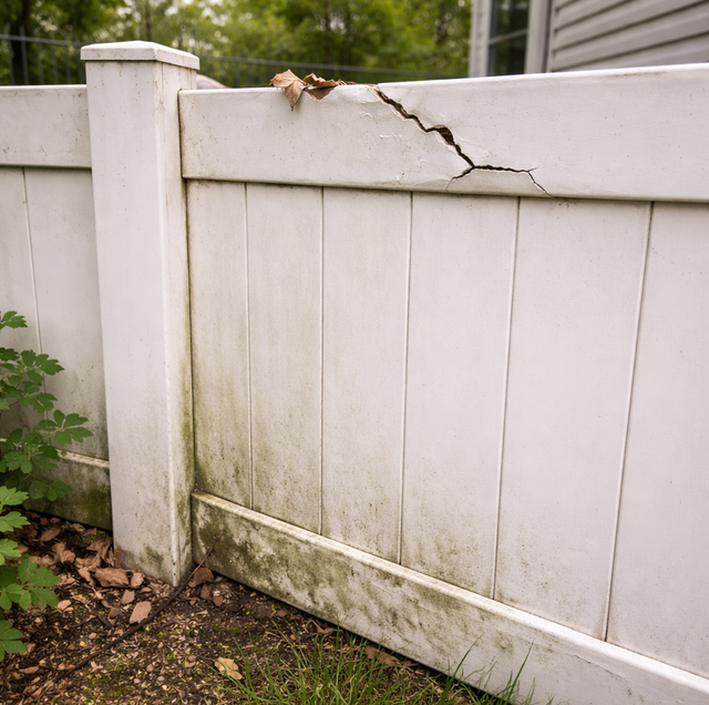 cracked white vinyl fence panel near fence post