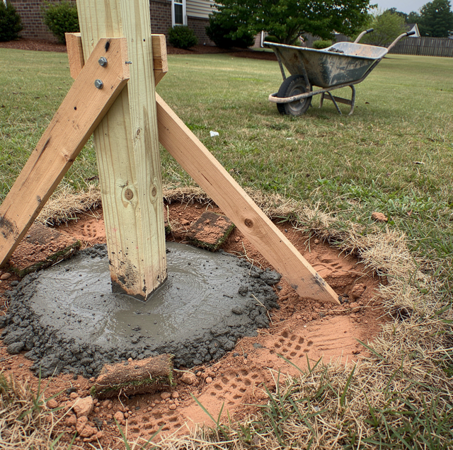 partially built wooden privacy fence with concrete posts curing